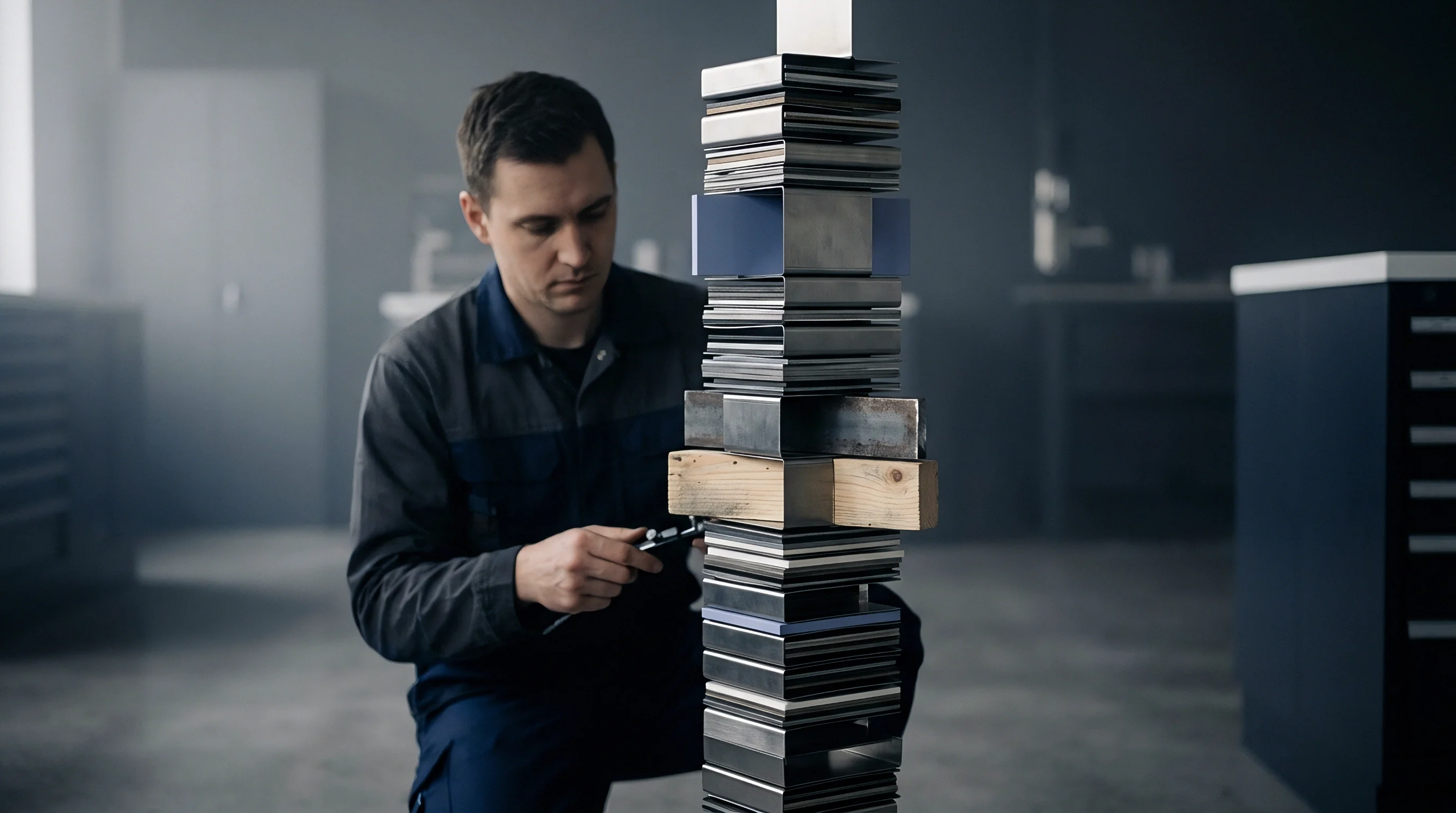 A worker examines a tall stack of varied metal plates and wooden blocks with a measurement tool on an industrial floor.