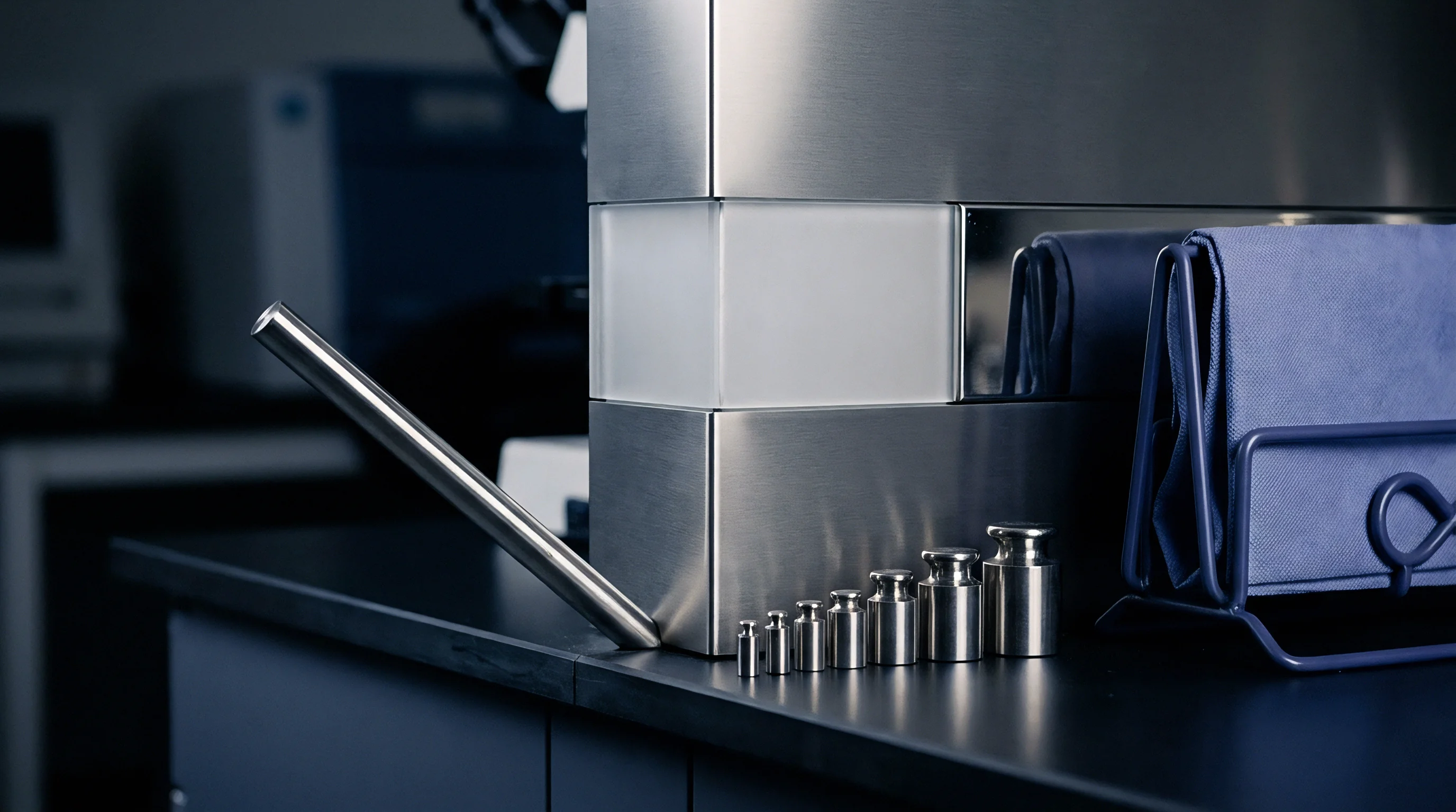 Polished metal calibration weights and a cylindrical measuring tool rest on a dark countertop next to a precision metrology instrument.