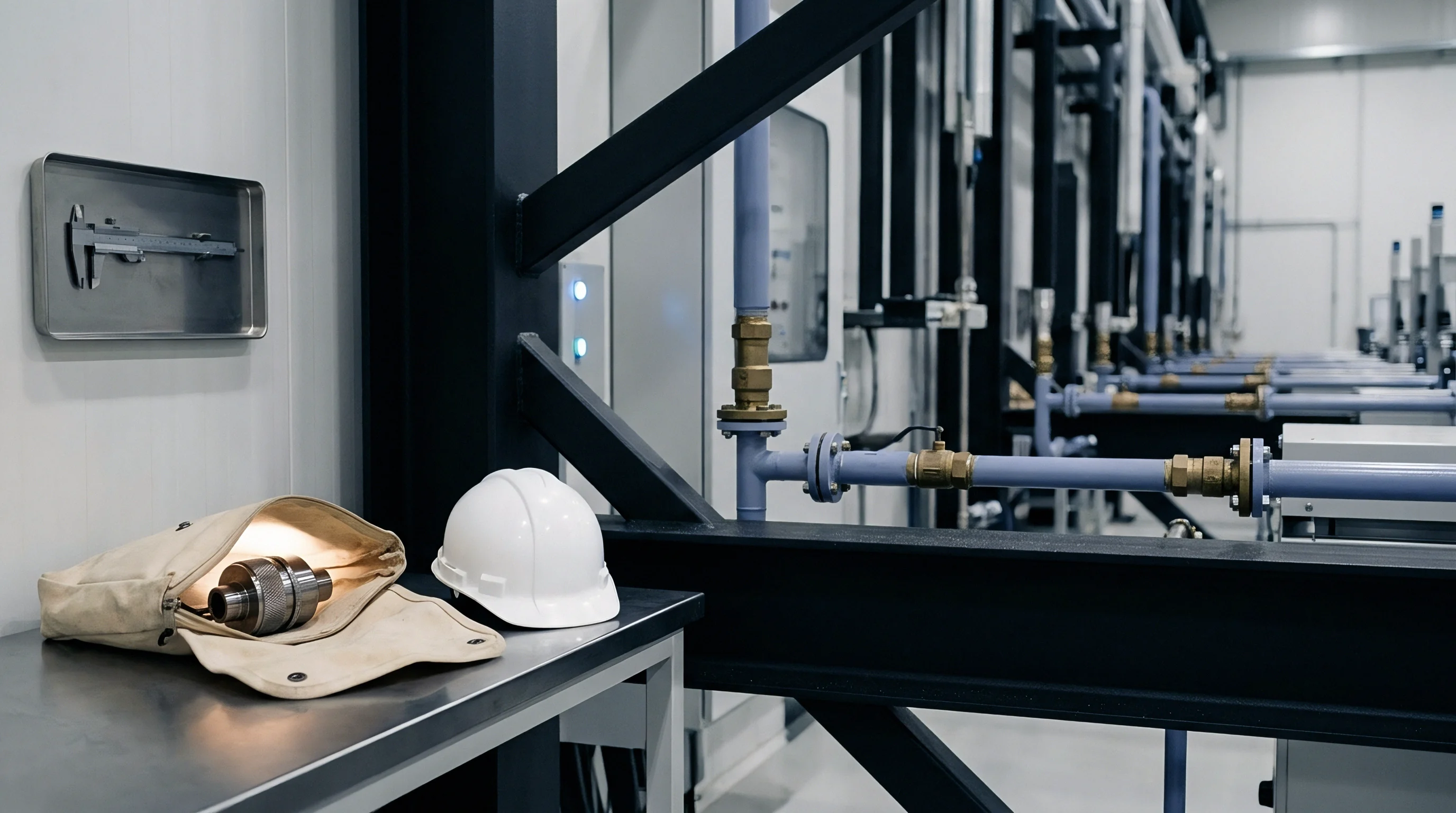 Precision measurement calipers, a protective hard hat, and machined metal components rest on a workstation within an industrial manufacturing and assembly facility.