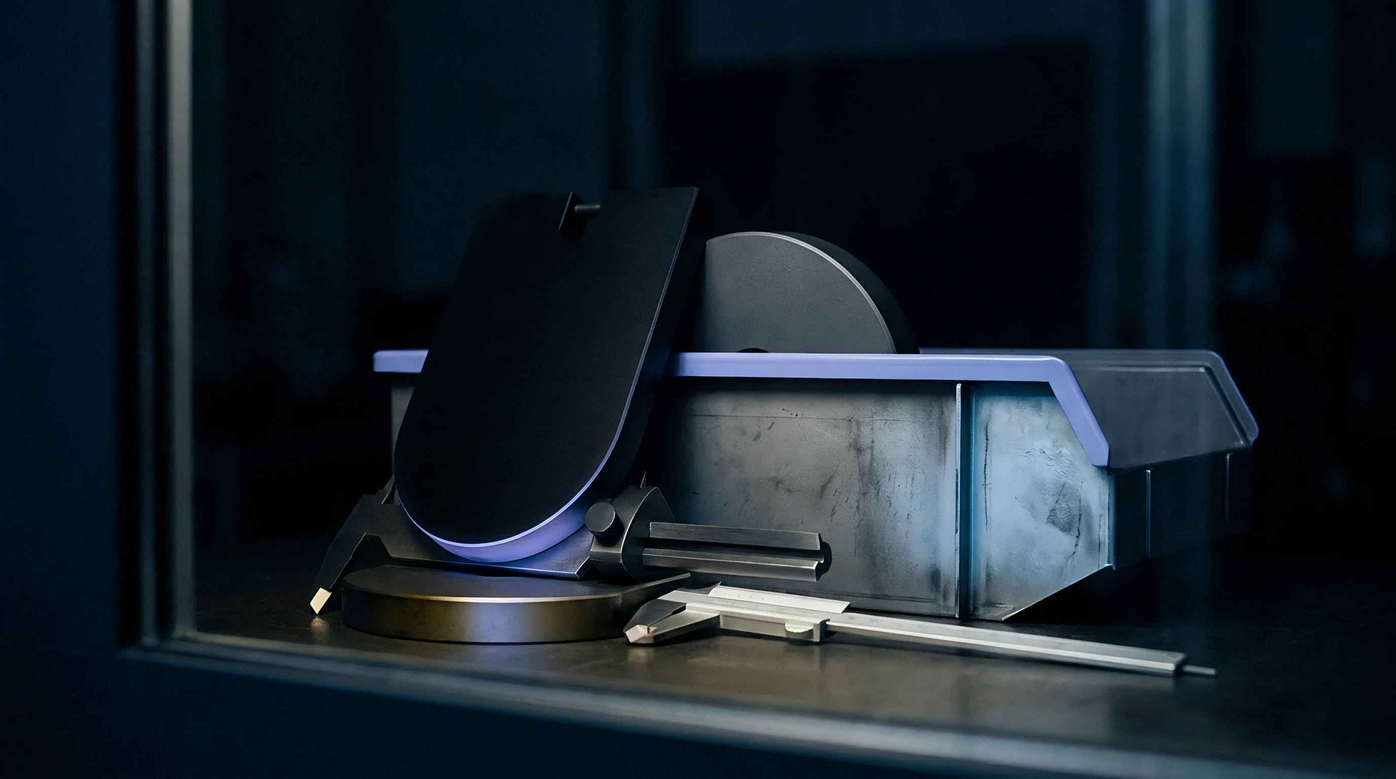 Vernier calipers rest alongside a precision machined industrial bracket and a cylindrical component within a darkened laboratory environment used for quality assurance testing protocols.