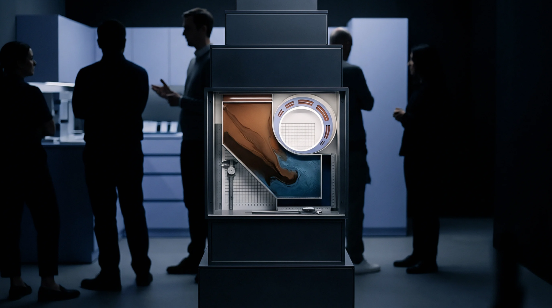 Silhouetted personnel gather around a central display case featuring digital flow visualization diagrams integrated with high precision calipers and measurement components in a dark laboratory.
