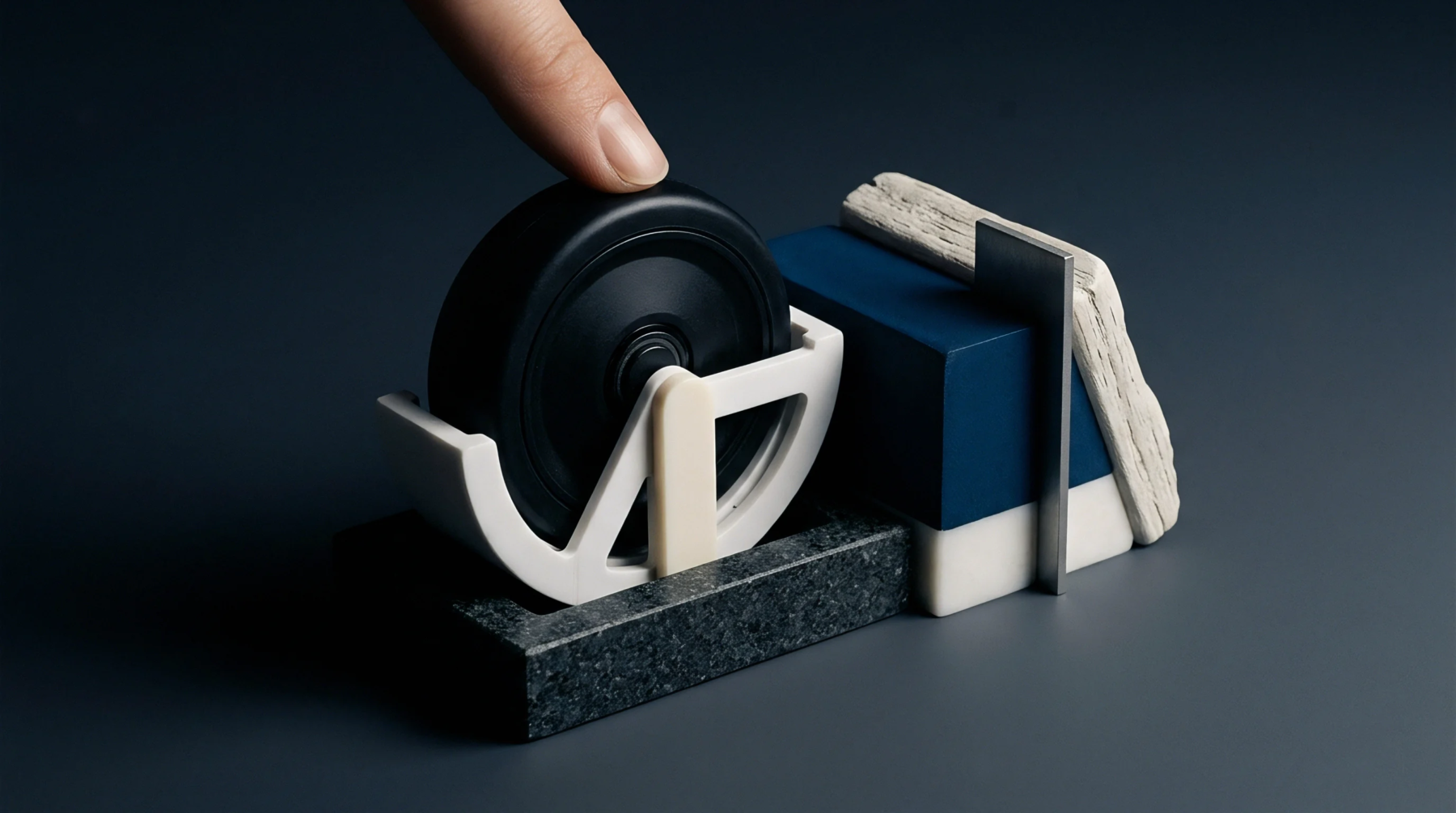 A finger pushes a black wheel mounted within a white plastic bracket attached to textured stone and blue block geometry on a dark surface.