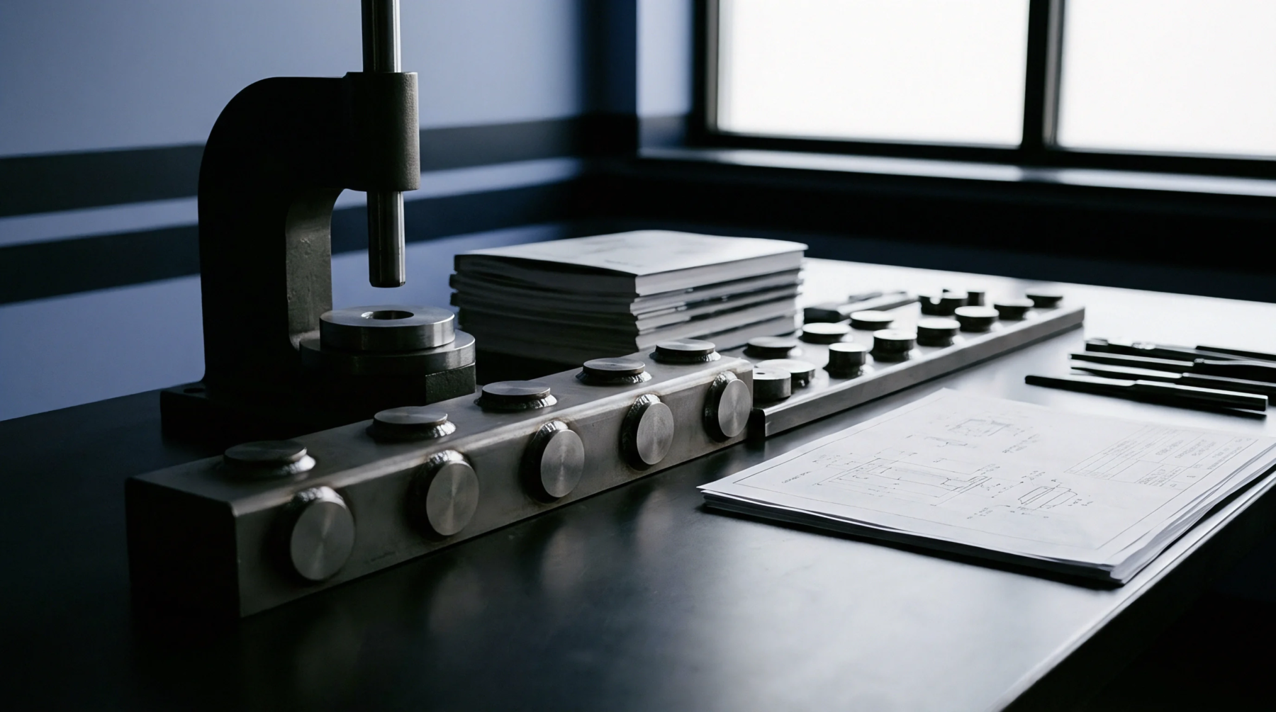 Machined steel tooling components and technical blueprints rest on a workbench beside a manual press in a production facility.