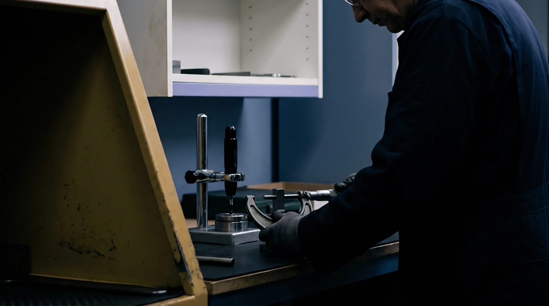 Quality control technician wearing protective gloves utilizes a handheld micrometer to inspect precise metallic components on a workstation inside a production facility.