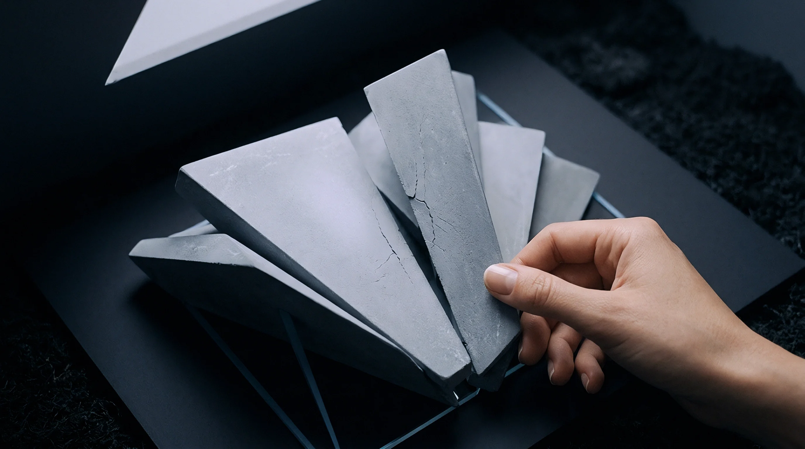 A human hand positions a wedge shaped concrete component within a modular assembly array designed for high volume industrial production and system scaling.