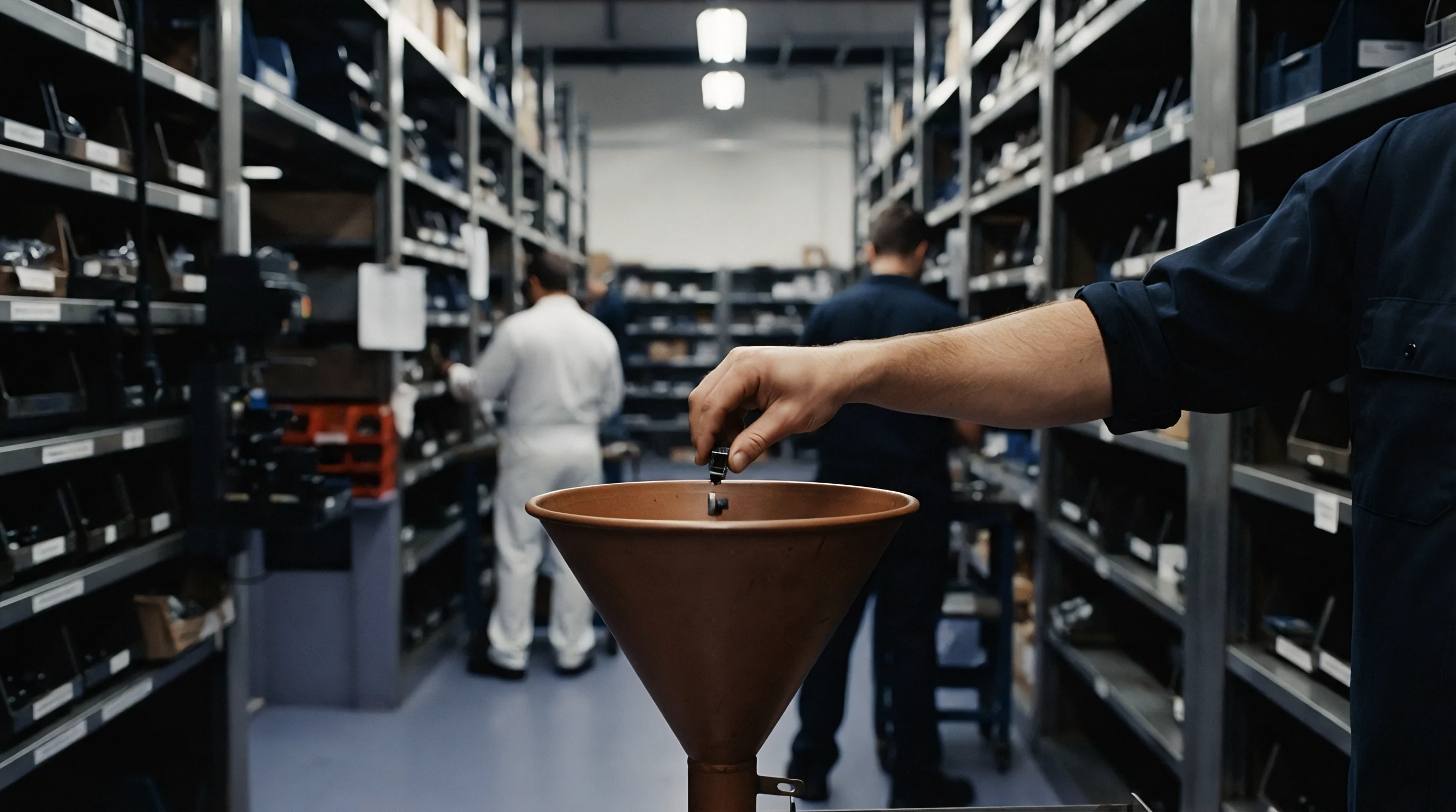 A hand holds a small component above a funnel in a busy industrial parts warehouse with shelves stocked full of inventory.