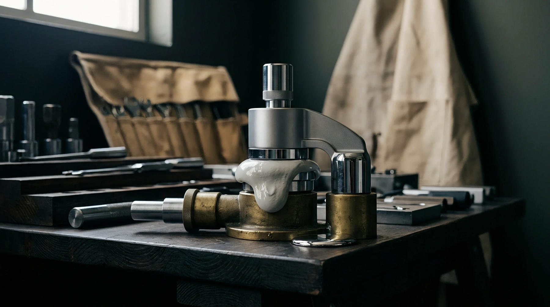 Metal press machinery secures a viscous white sealant on a wooden assembly bench within a controlled factory environment.