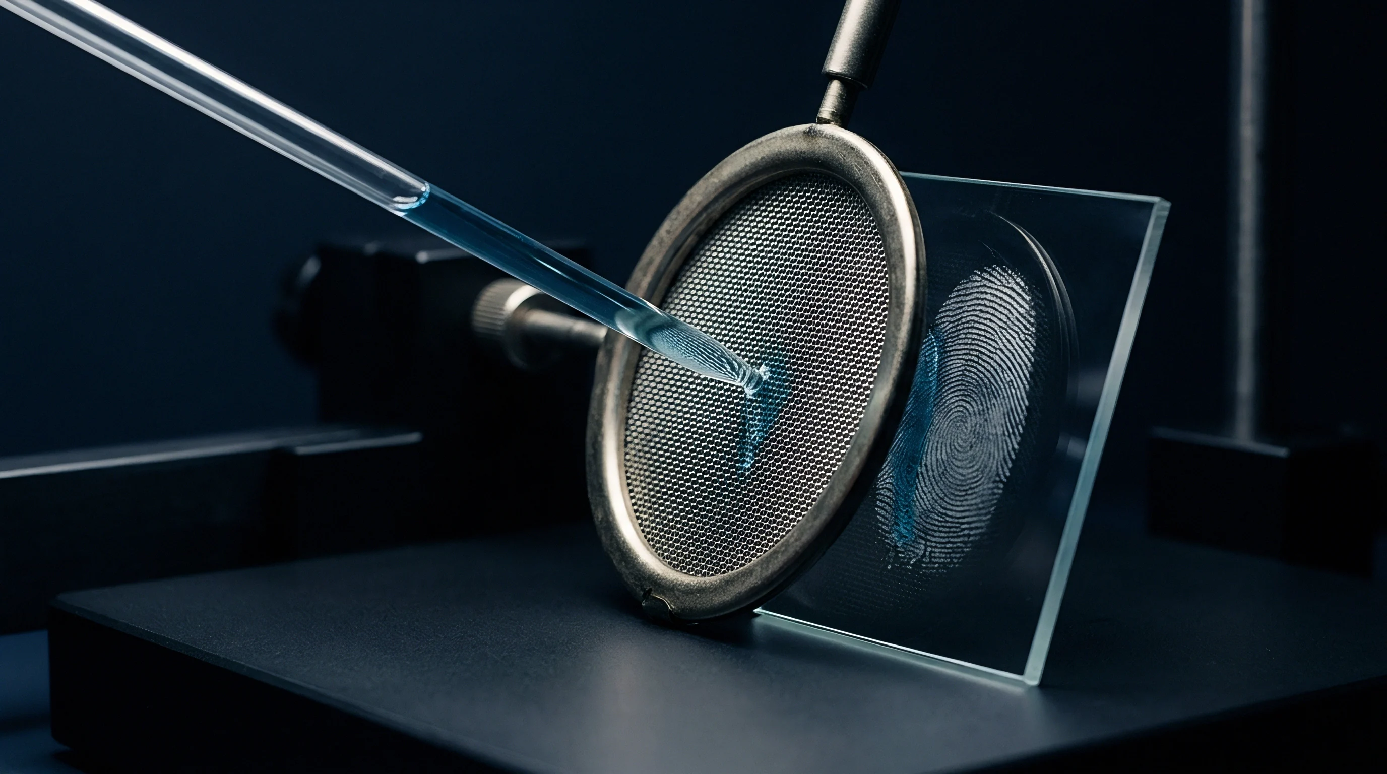 A digital render shows a blue chemical reagent dispensed from a glass pipette onto a circular metal mesh filter positioned before a fingerprint.