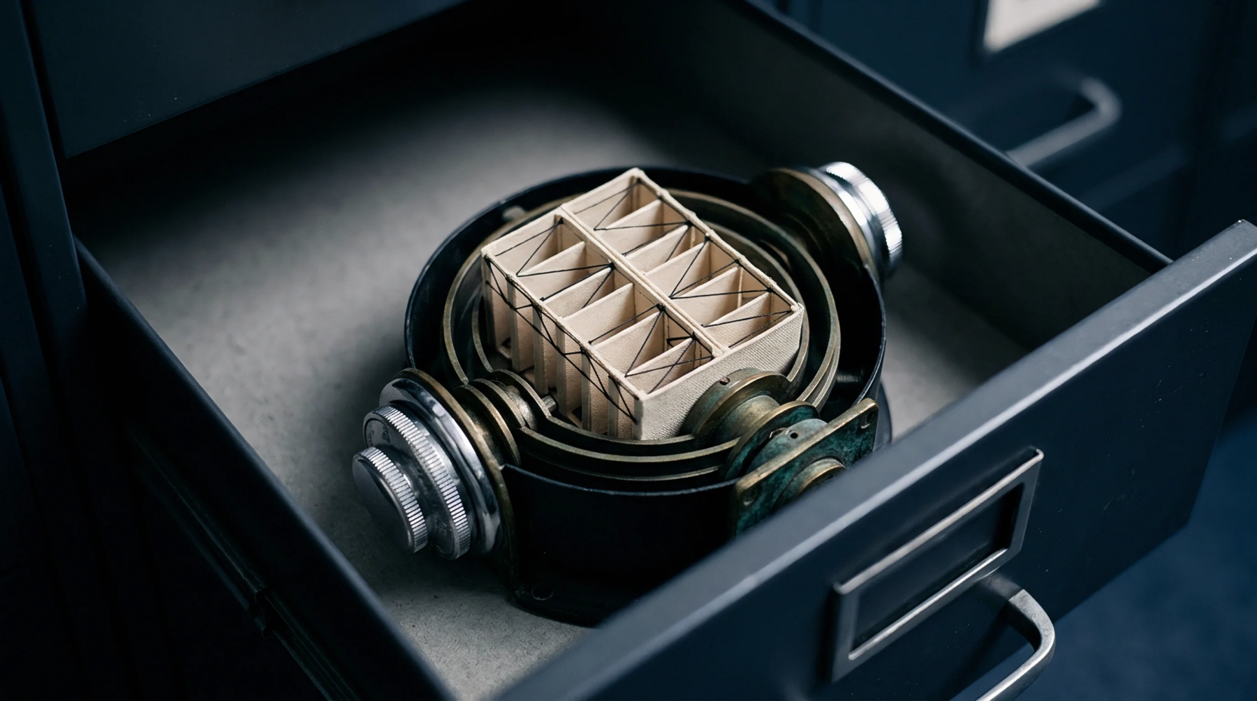 A structural wire and wooden framework model sits nestled within a brass gimbal housing inside an open steel filing cabinet drawer.