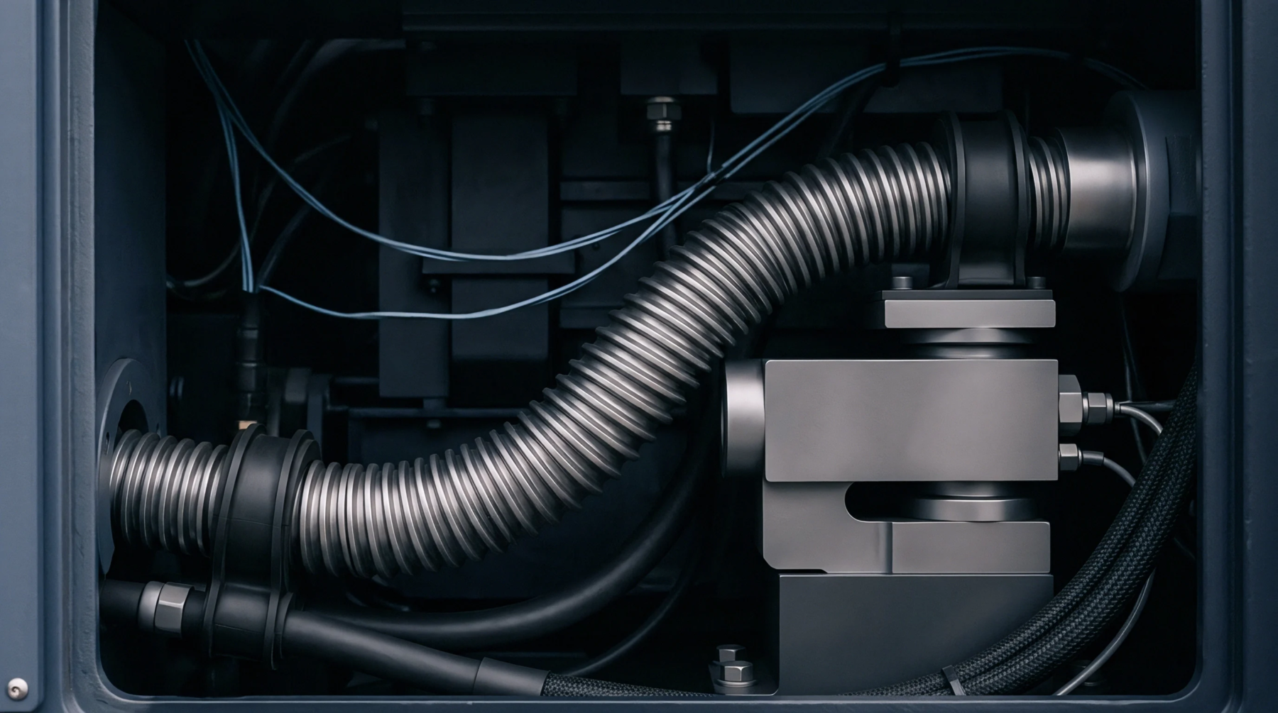Industrial measurement equipment showing a flexible metallic conduit connected to robust load cells and integrated wiring within a dark machinery enclosure.