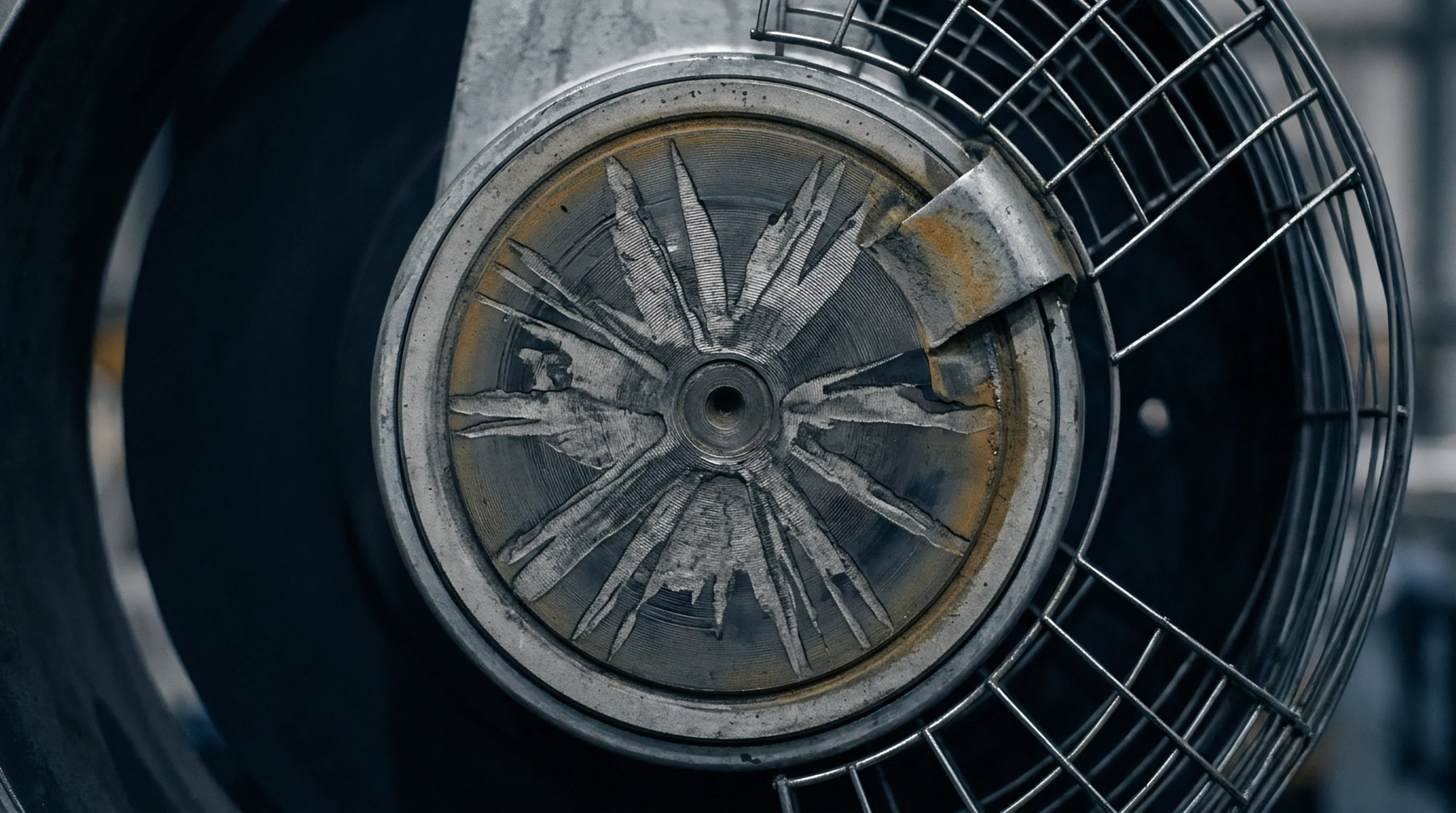 Machined steel radial hub assembly with surface scoring marks sits within a wire safety cage inside a dark industrial manufacturing facility.