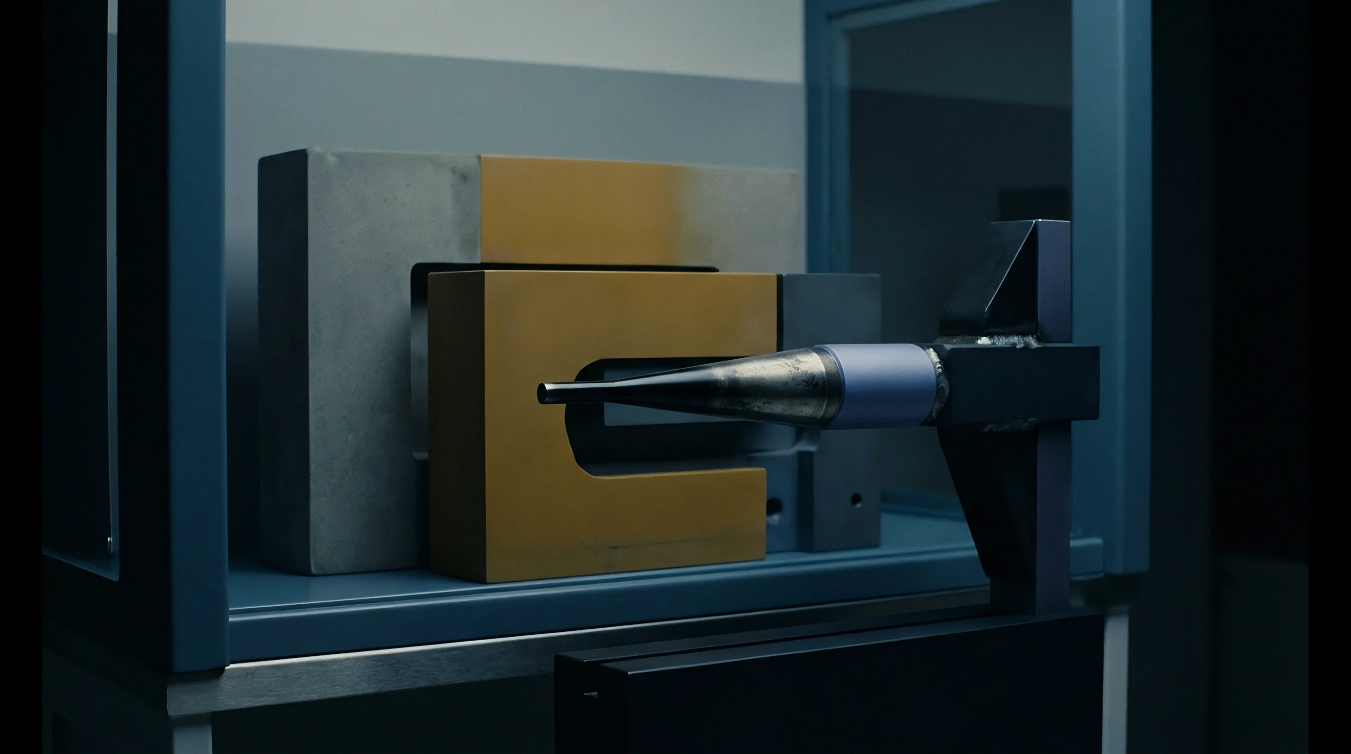 A tapered metal probe on a black mounting bracket aligns with precision steel and bronze blocks inside an industrial inspection enclosure.