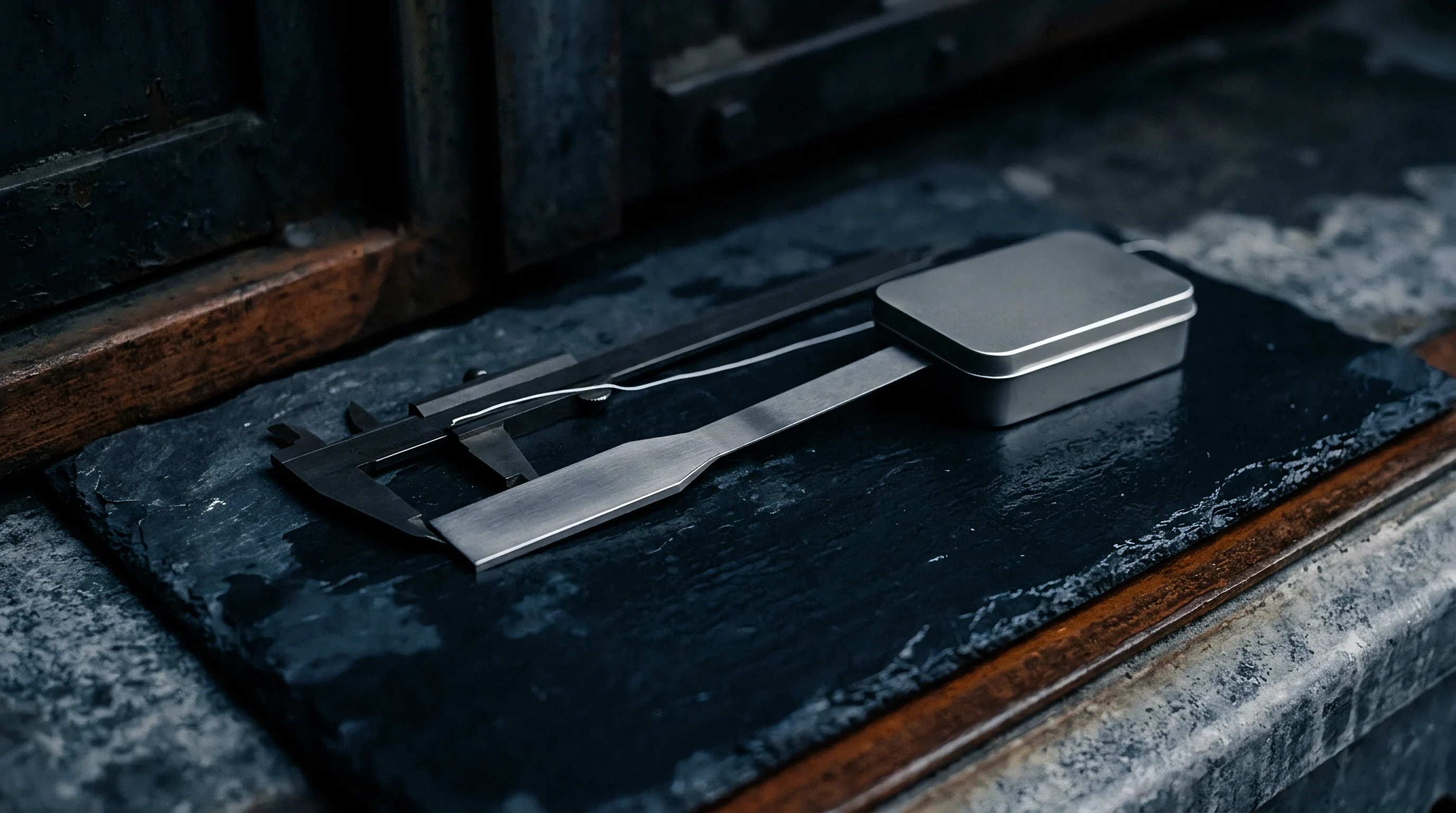 A vernier caliper, a flat metal tool, and a small metal tin rest on a dark textured surface, suggesting an industrial workspace.
