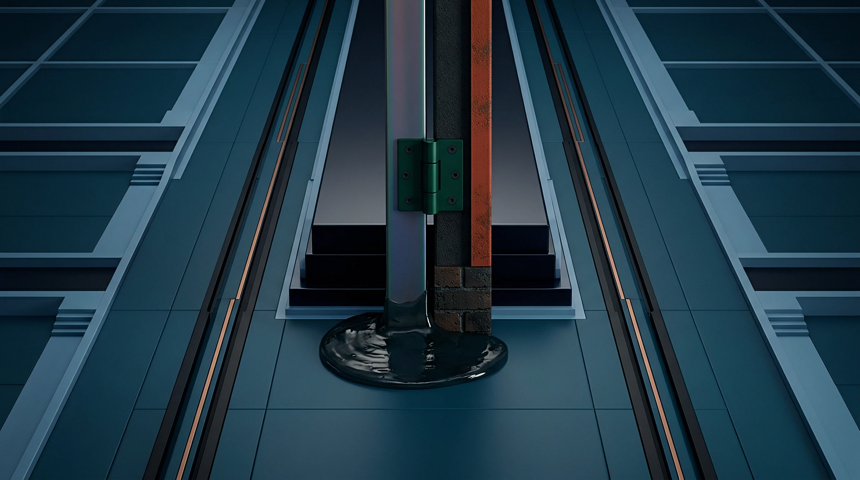 An industrial digital illustration displays a composite multi-material pillar with a central green hinge standing amid a dark liquid pool on tiled flooring.