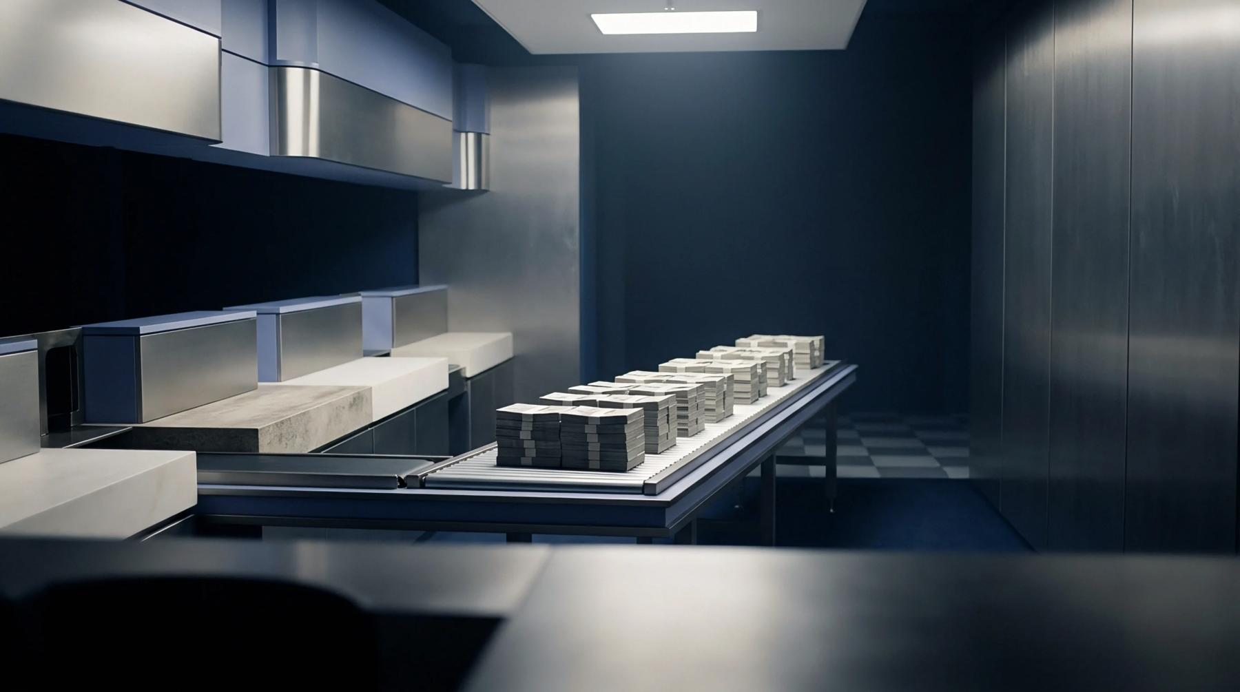 Packaged product bundles move along an automated conveyor belt within a cleanroom industrial facility in this digital render.