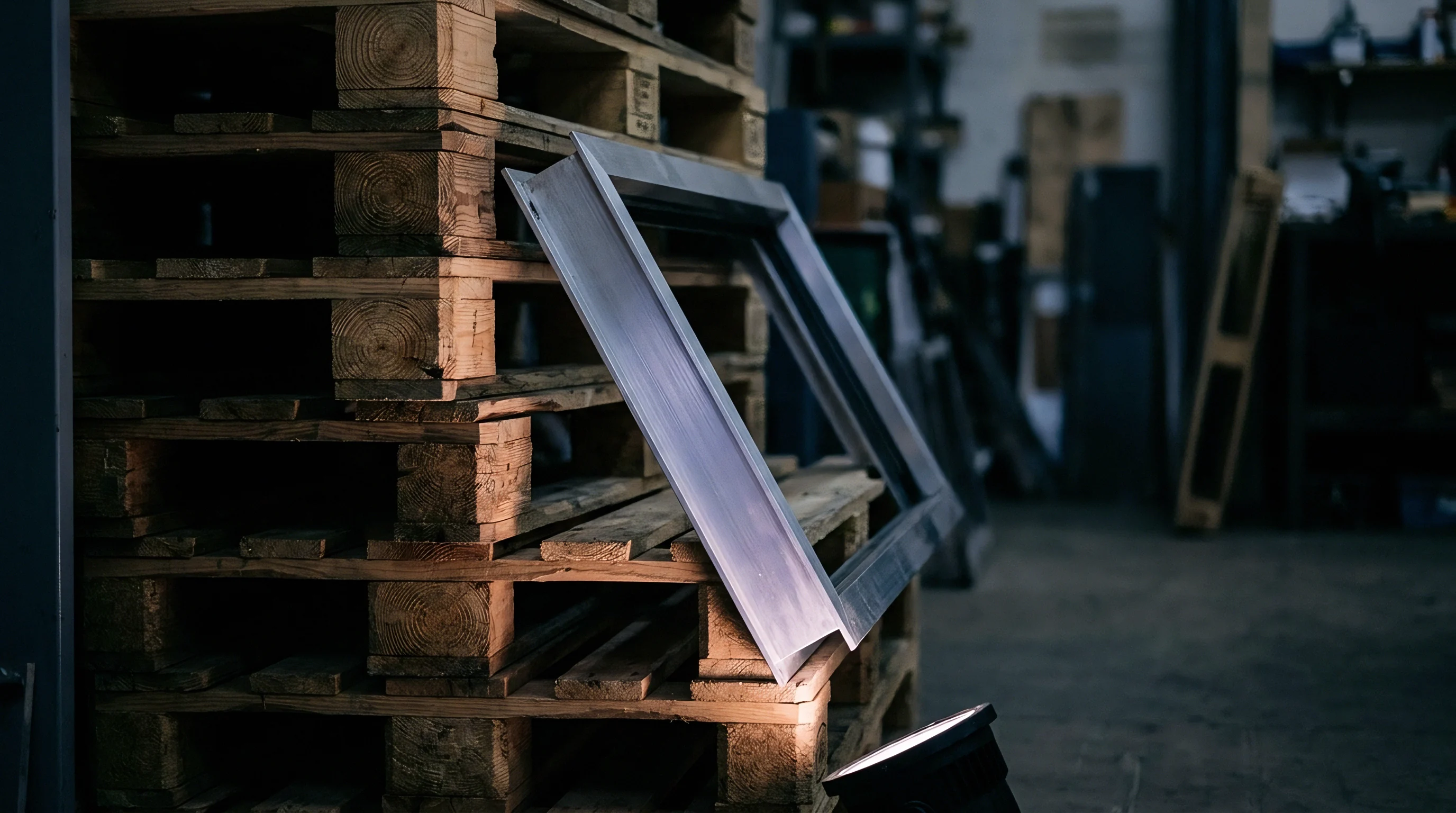 Wooden storage pallets and metal fabrication components occupy a cluttered industrial warehouse floor under directional illumination.