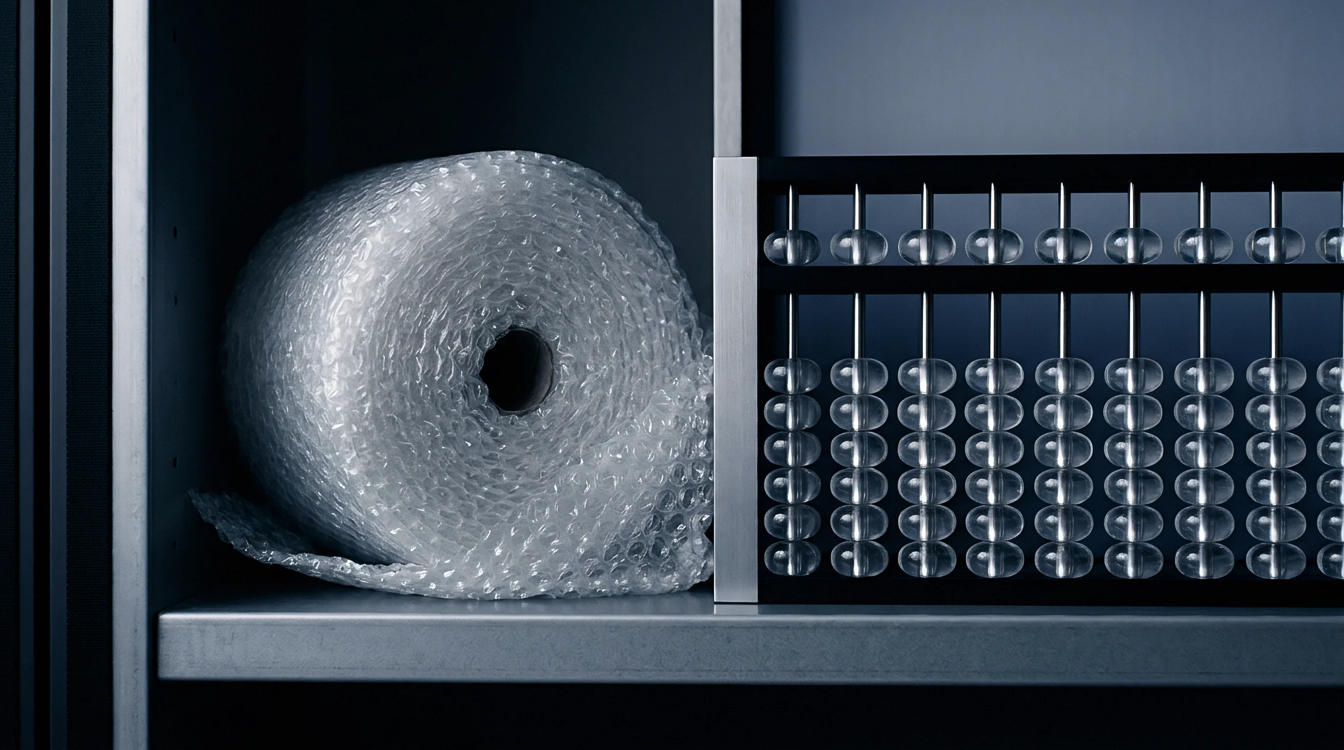A wound polymer bubble film roll rests on a metallic shelving unit adjacent to a vertical metal calculating frame.