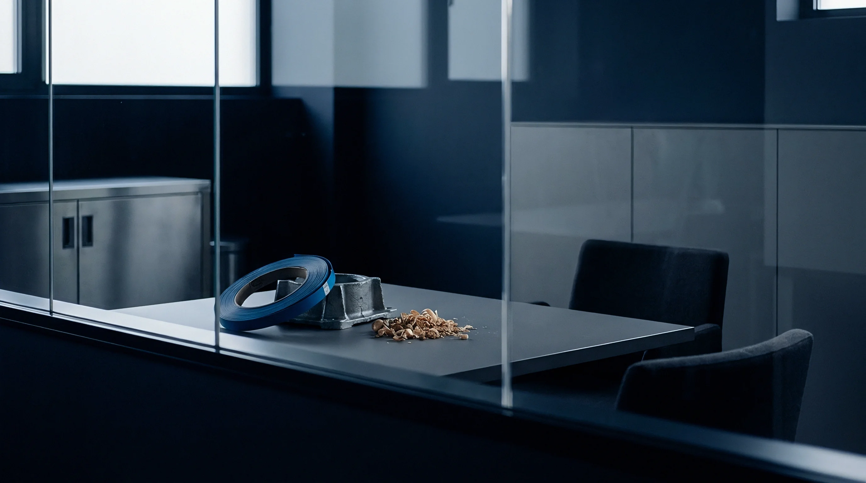 A machined metal casting sits beside blue adhesive tape and wood shavings on a grey conference table within a glass walled industrial office space.