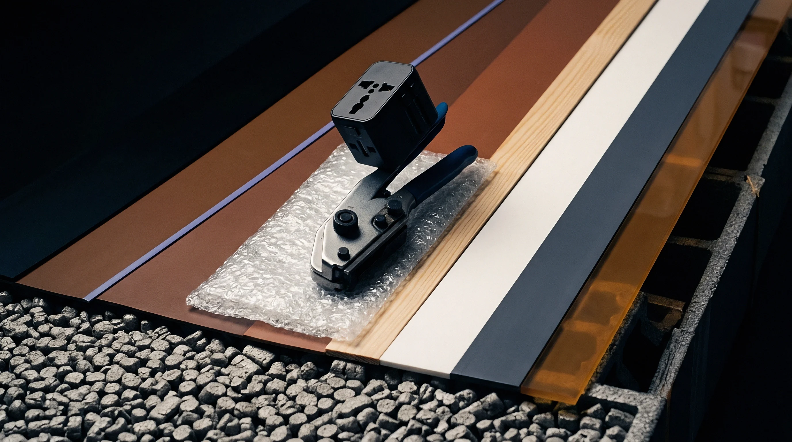 A universal adapter rests atop metal crimping pliers on bubble wrap surrounded by material swatches and raw industrial aggregate.