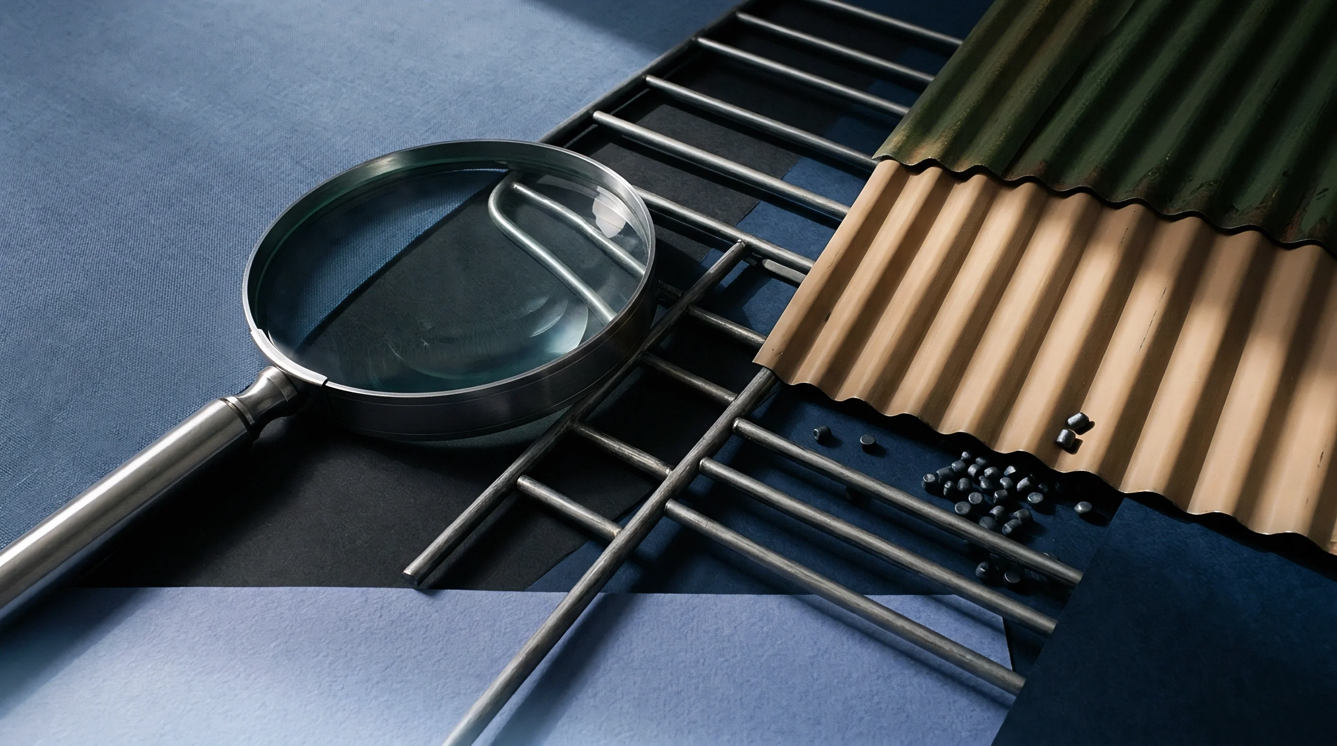 Corrugated metal sheets and a storage rack lie beneath an industrial lens alongside feedstock granules on a split tonal blue surface.