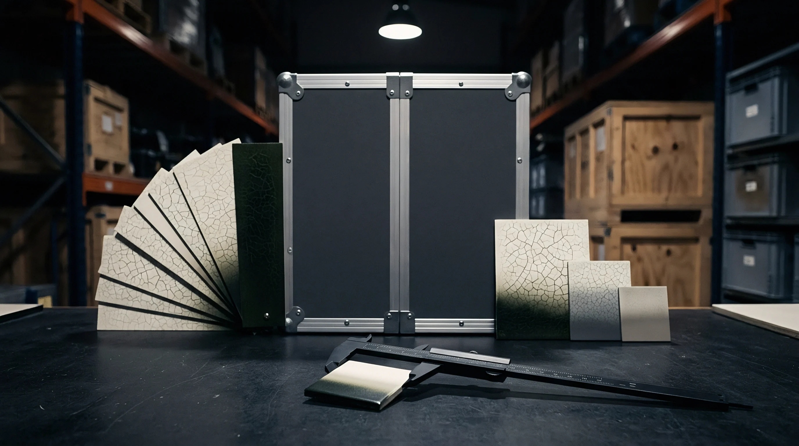Precision calipers measure a textured material sample on a workbench inside an industrial manufacturing warehouse facility.