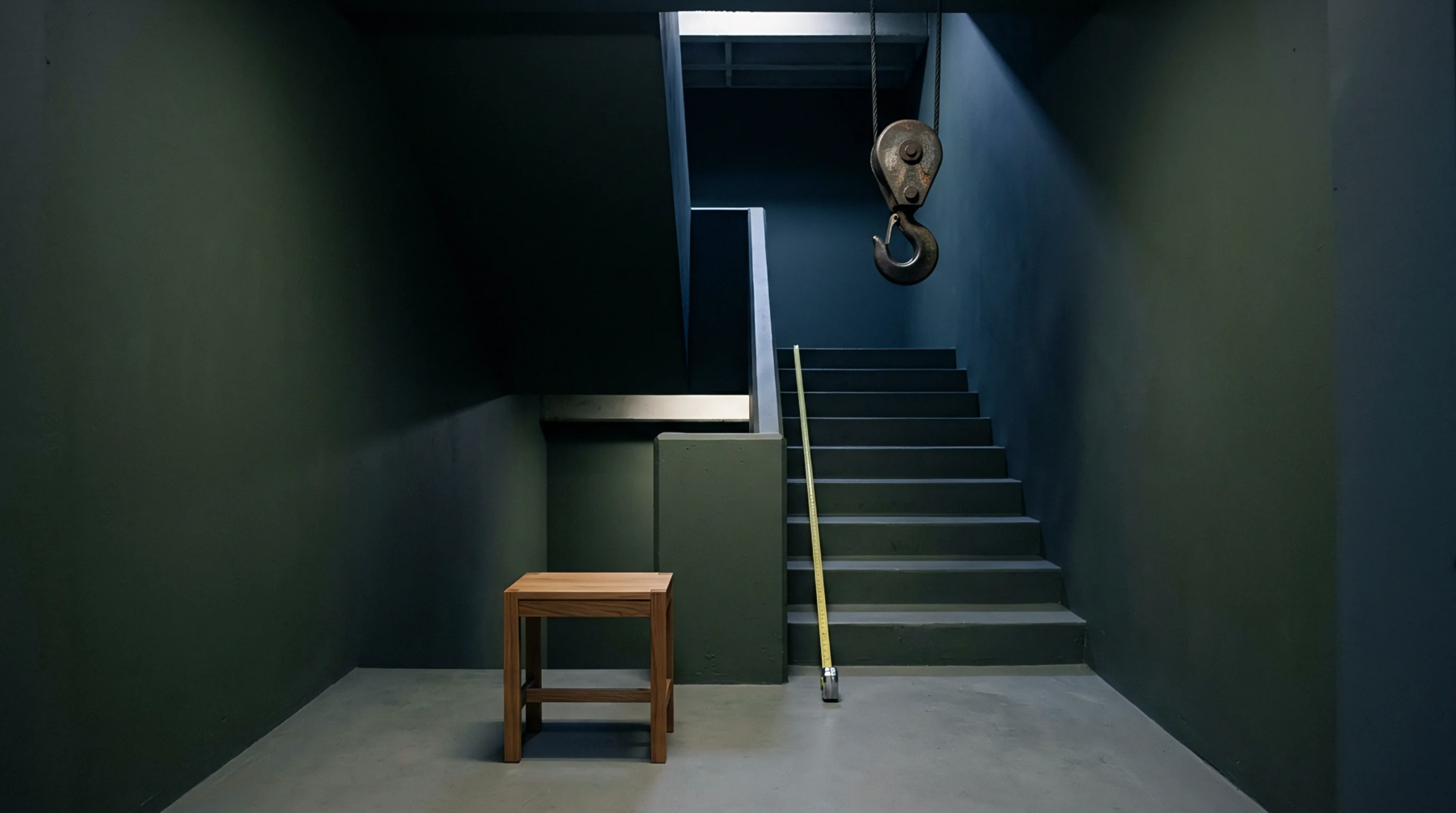 A wooden stool stands near a yellow tape measure extended against a dark staircase beneath a suspended heavy duty industrial crane hook.