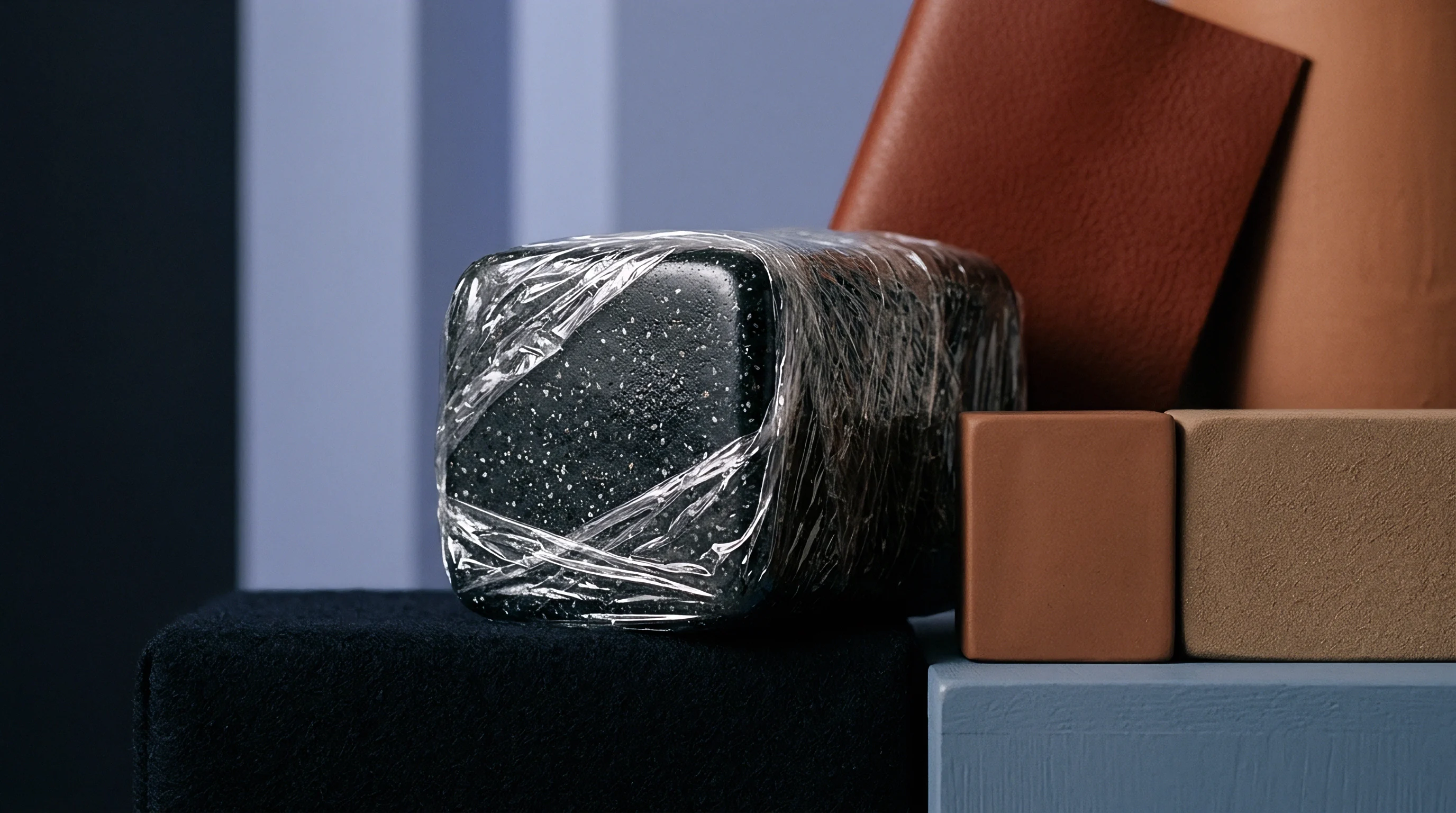 A plastic wrapped composite material block rests beside raw leather swatches and ceramic blocks across production studio storage surfaces.