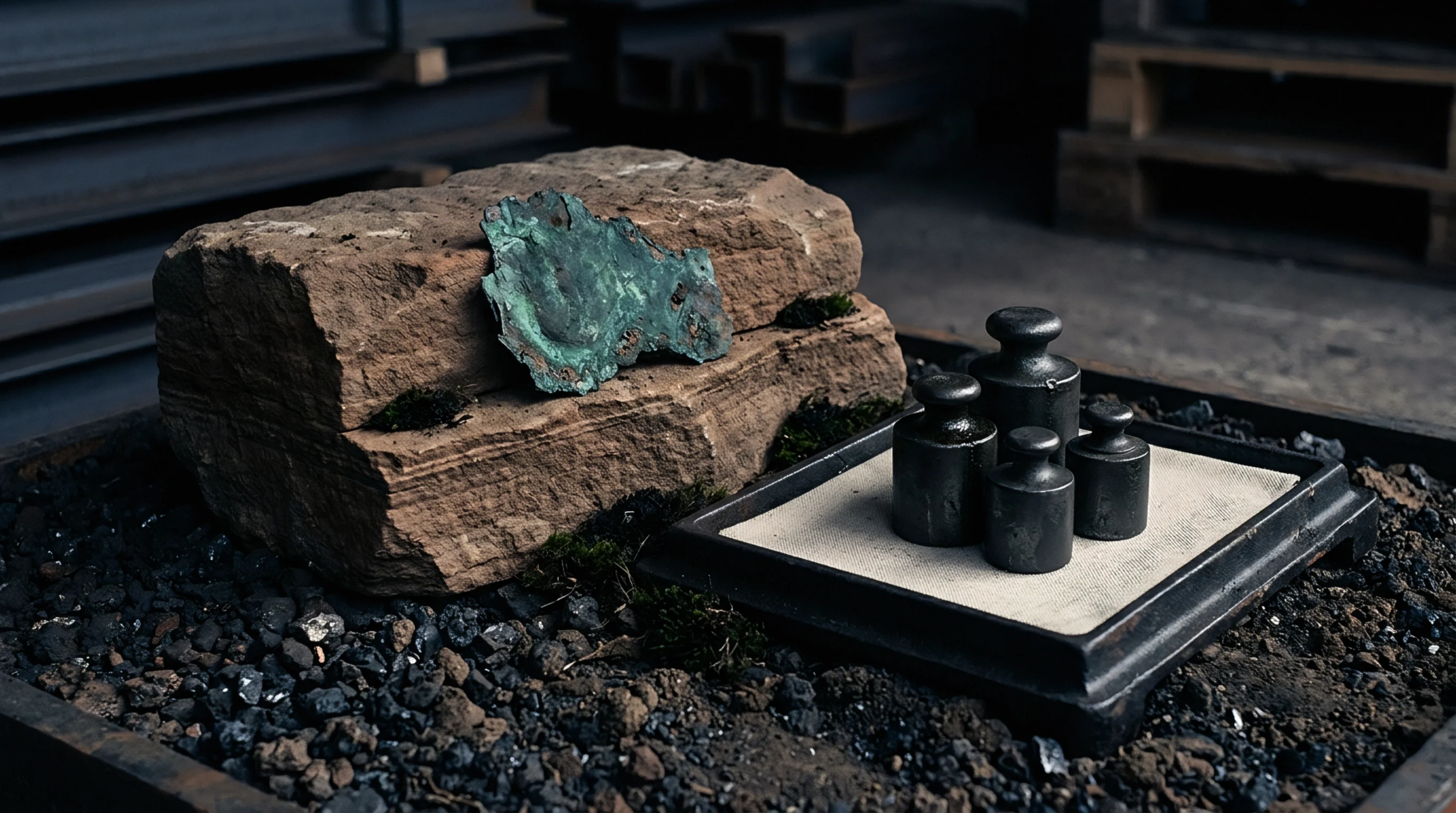 A large sedimentary rock, patinated copper metal, and a set of four cast iron weights are arranged in an industrial setting.