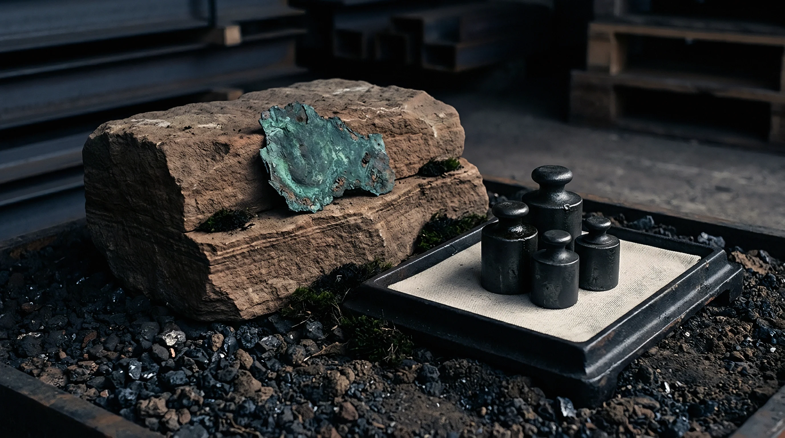 A large sedimentary rock, patinated copper metal, and a set of four cast iron weights are arranged in an industrial setting.