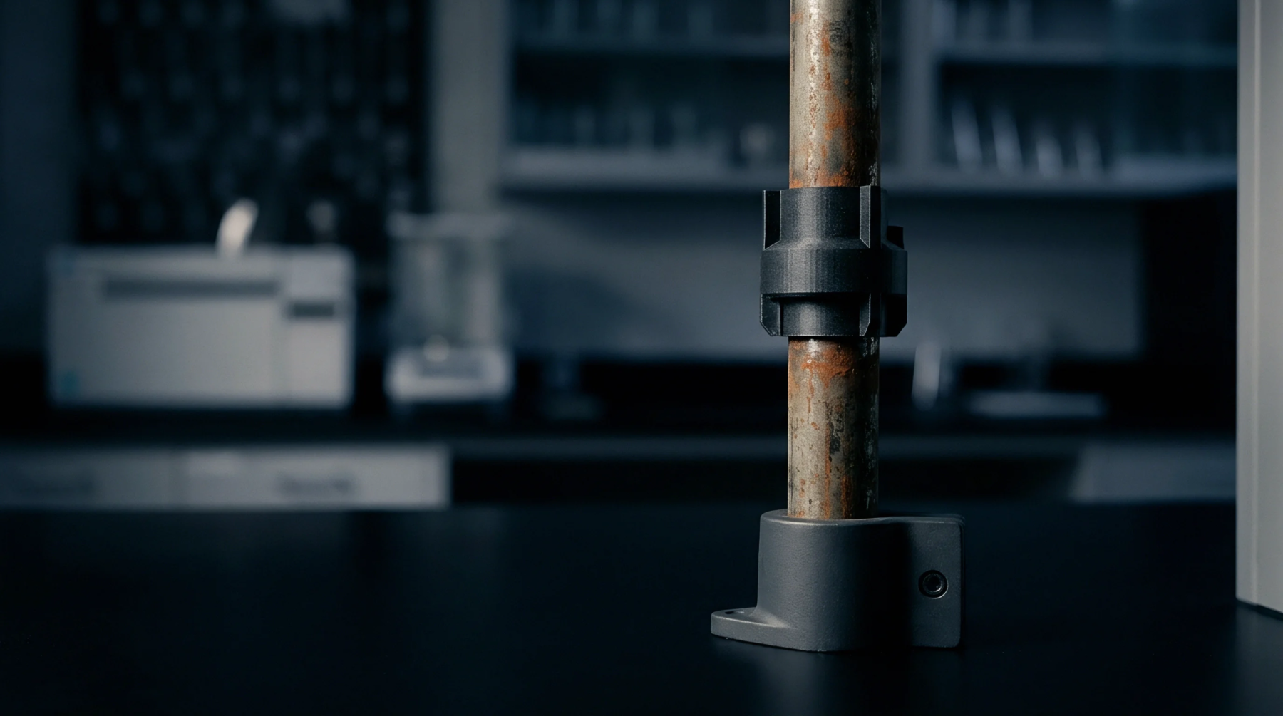 An oxidized steel pipe secured vertically to a dark work surface by a grey polymer mounting base inside a production facility.