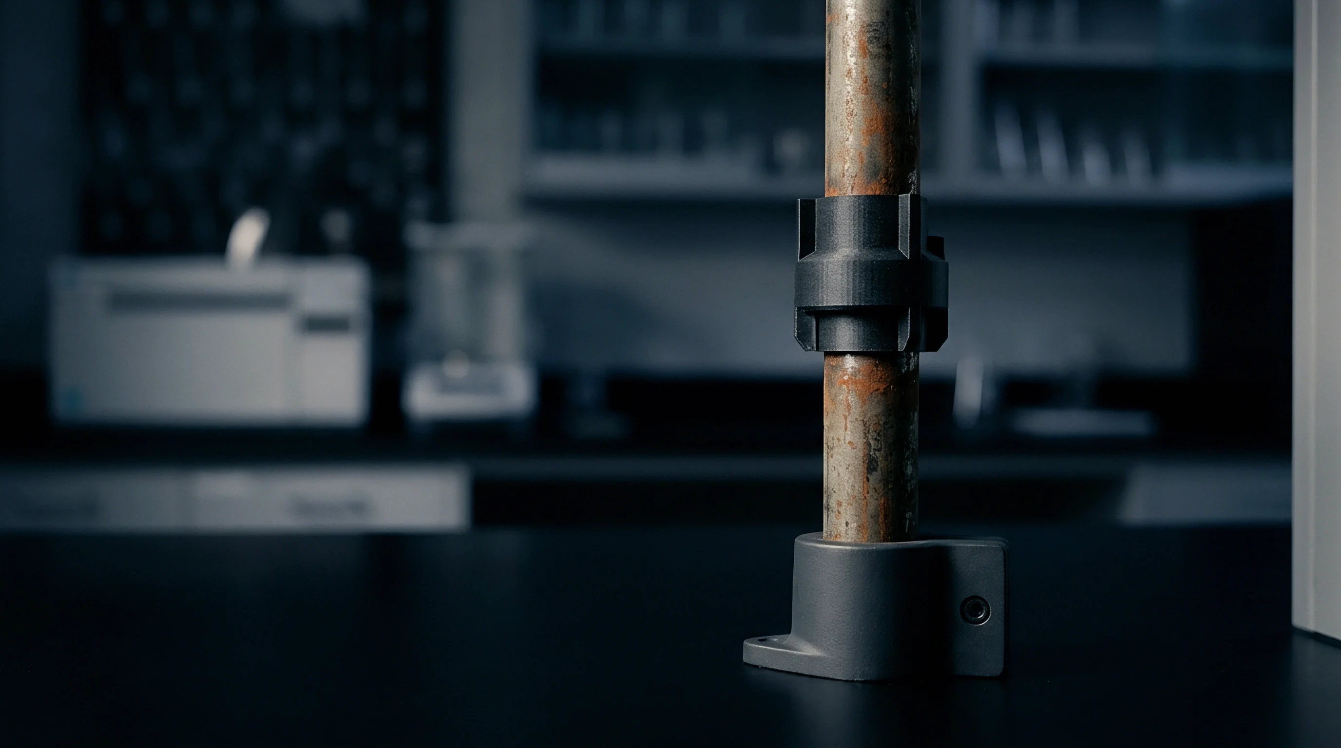 An oxidized steel pipe secured vertically to a dark work surface by a grey polymer mounting base inside a production facility.