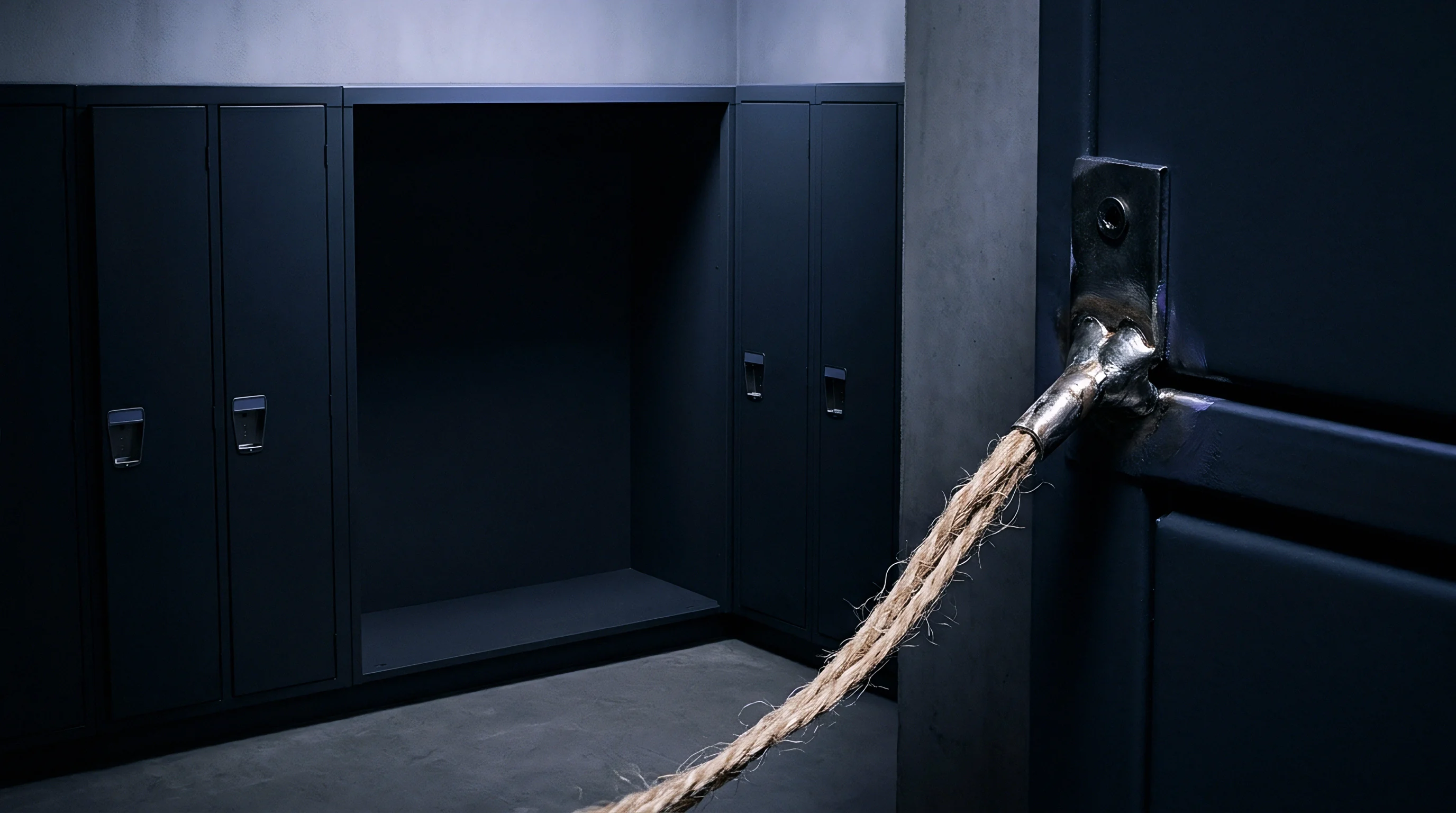 A thick natural fiber rope is attached to a metal bracket on a dark industrial doorframe, with rows of dark lockers in the background.