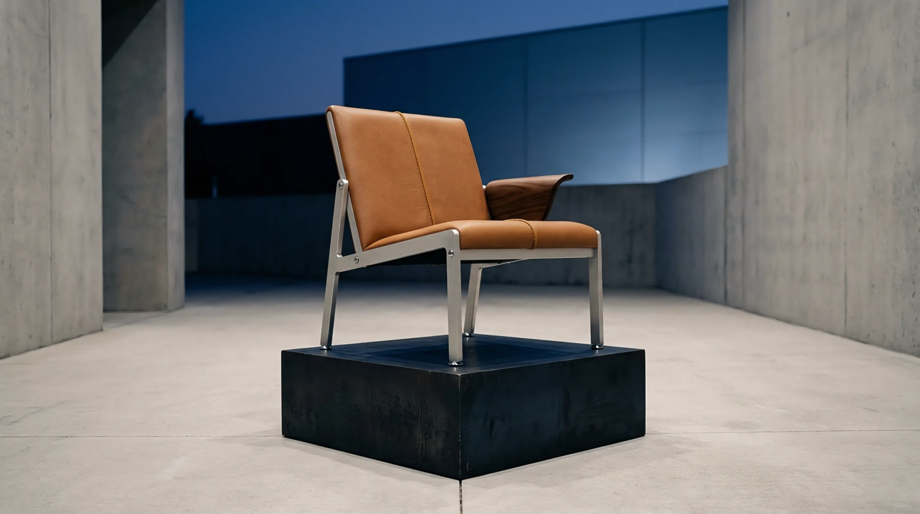 A leather and metal chair prototype stands on a dark industrial pedestal within a concrete architectural space suggesting standardized production workflows.