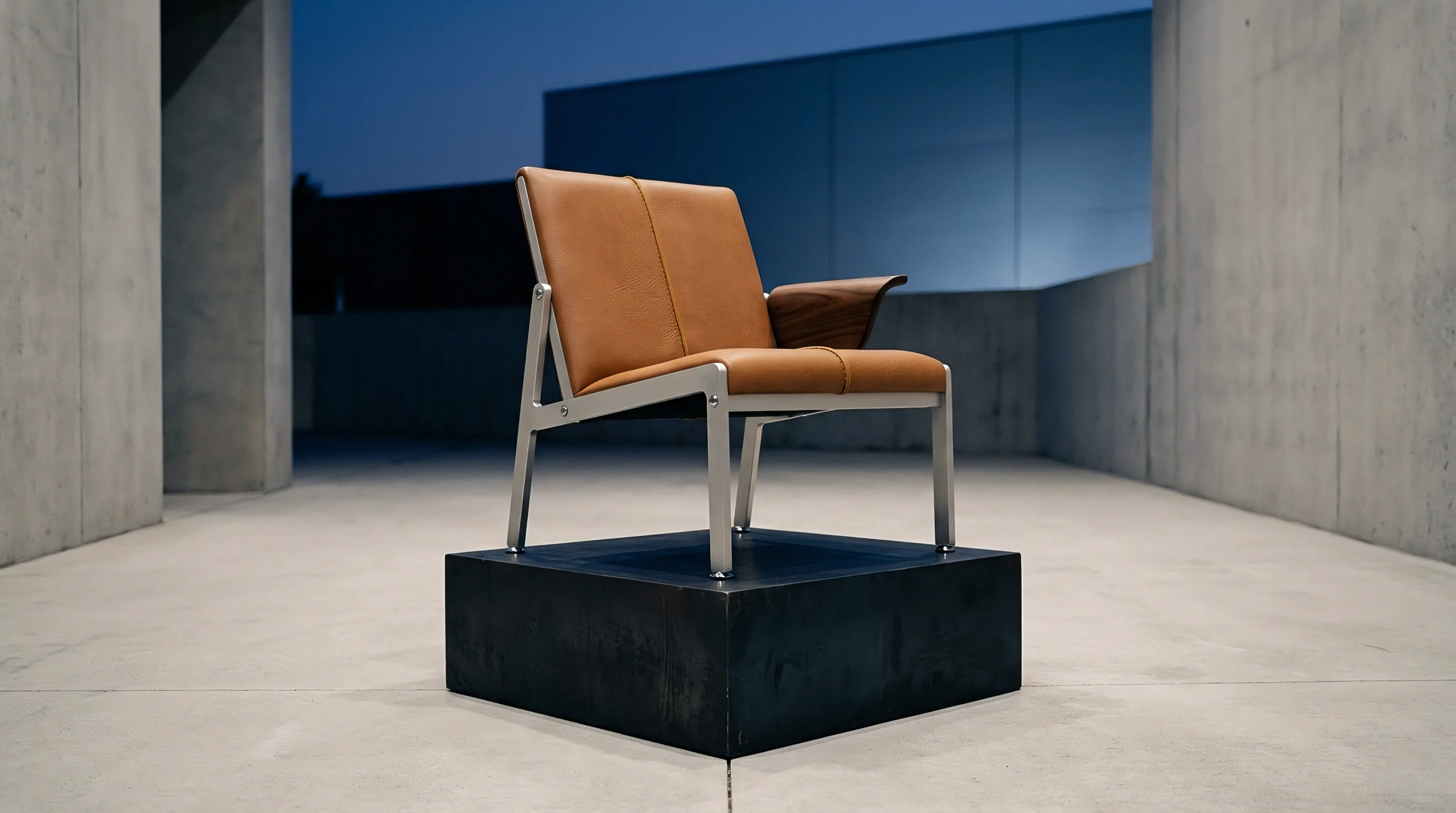 A leather and metal chair prototype stands on a dark industrial pedestal within a concrete architectural space suggesting standardized production workflows.