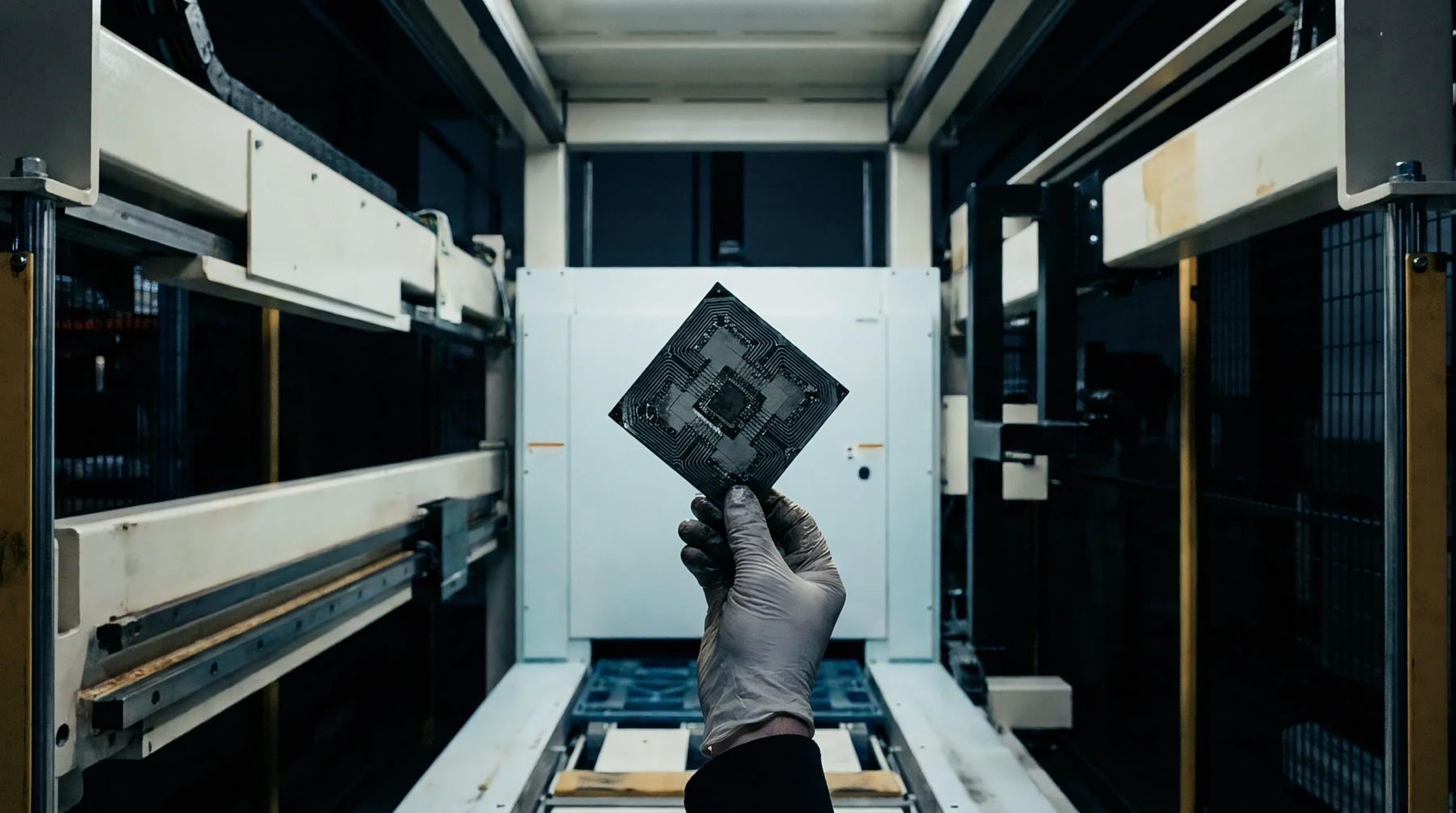 A gloved technician holds a printed circuit board substrate inside an automated industrial manufacturing facility during operational throughput testing.