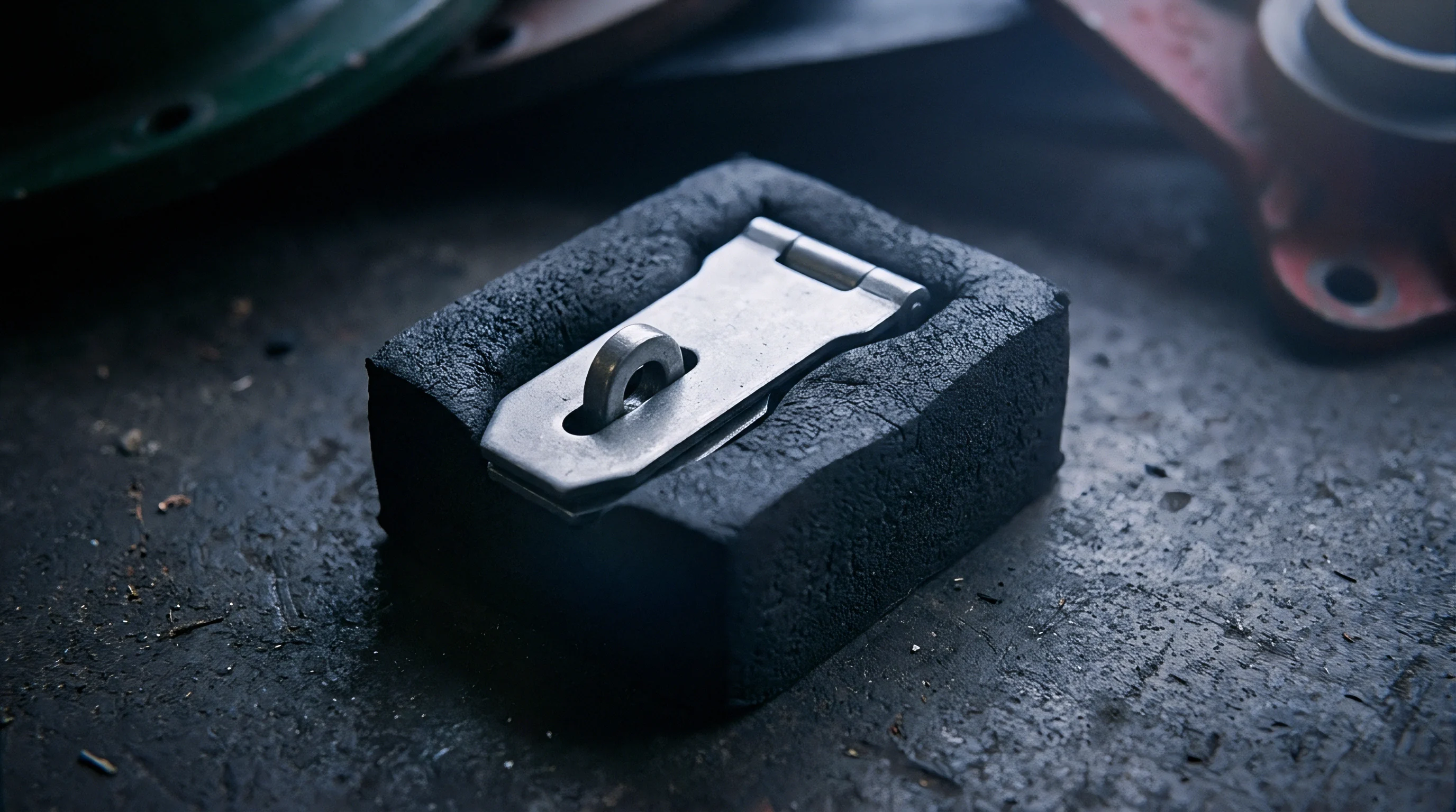 A metallic security hasp rests partially submerged within a dense dark protective foam block on a textured industrial workbench surface.