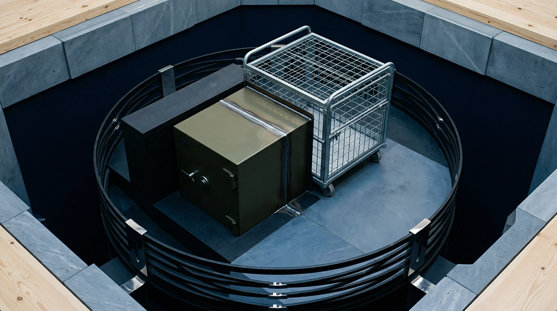 A green industrial safe and a metal wire trolley occupy a square platform encased within a recessed circular railing structure in a tiled floor.