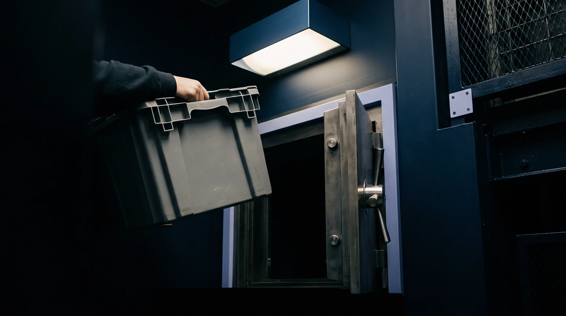 An operator loads a gray plastic tote into a heavy steel vault door within a secure industrial production facility storage room.