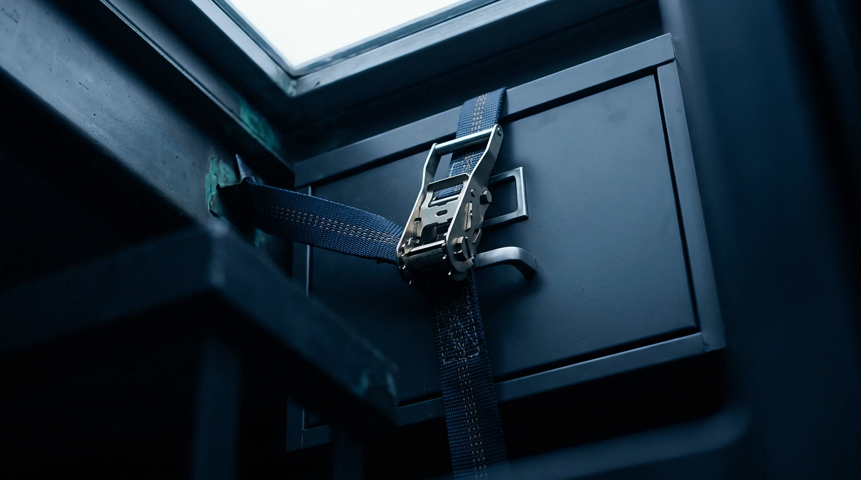 Synthetic webbing secures a metal enclosure against a structural steel beam to maintain load stability within a shipping container for industrial transit.