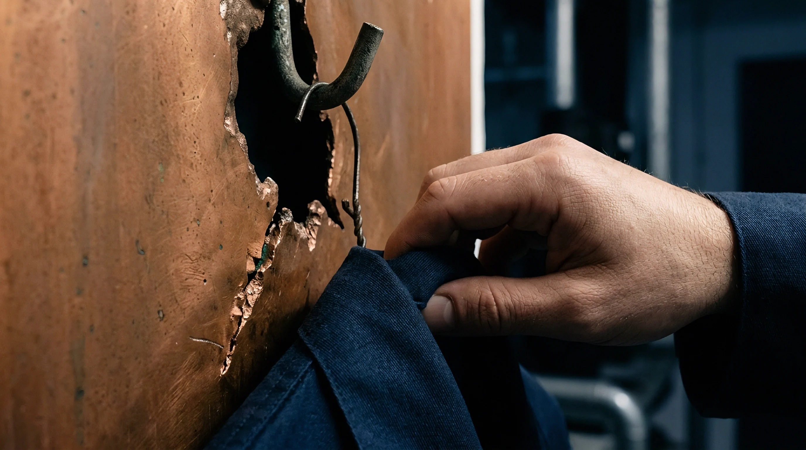 An operator hangs a heavy blue cotton jacket on a wire hook embedded in a damaged copper wall plate.