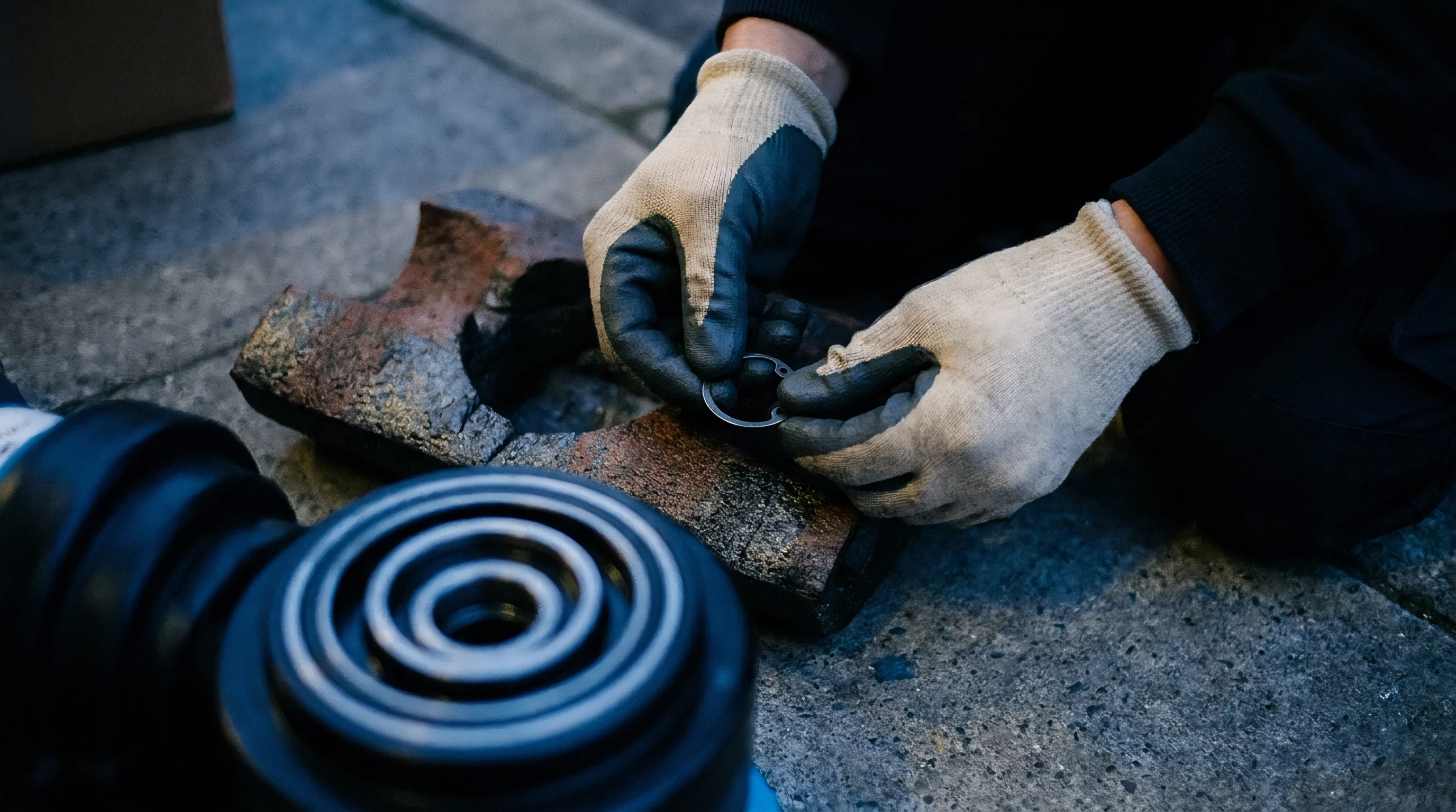 Work-gloved hands meticulously examine a small metal component against a backdrop of industrial materials and a larger circular part.