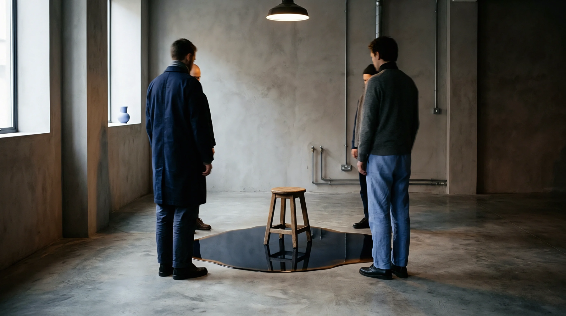Four observers stand in a concrete industrial chamber around a wooden stool centered within a dark reflective liquid spill.