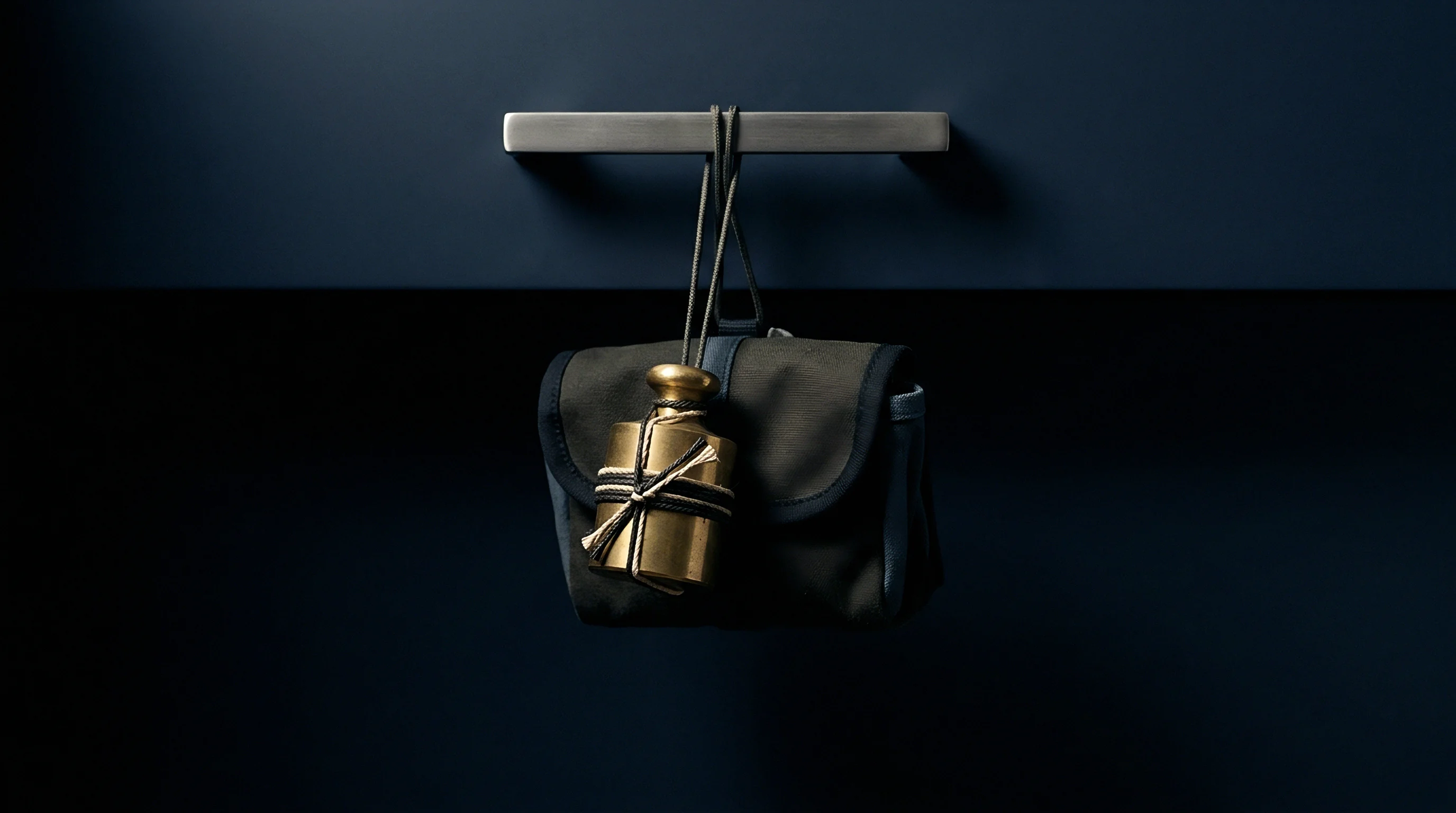 A brass calibration mass is tied to a dark textile tool pouch suspended from a brushed steel drawer handle on a dark cabinet.
