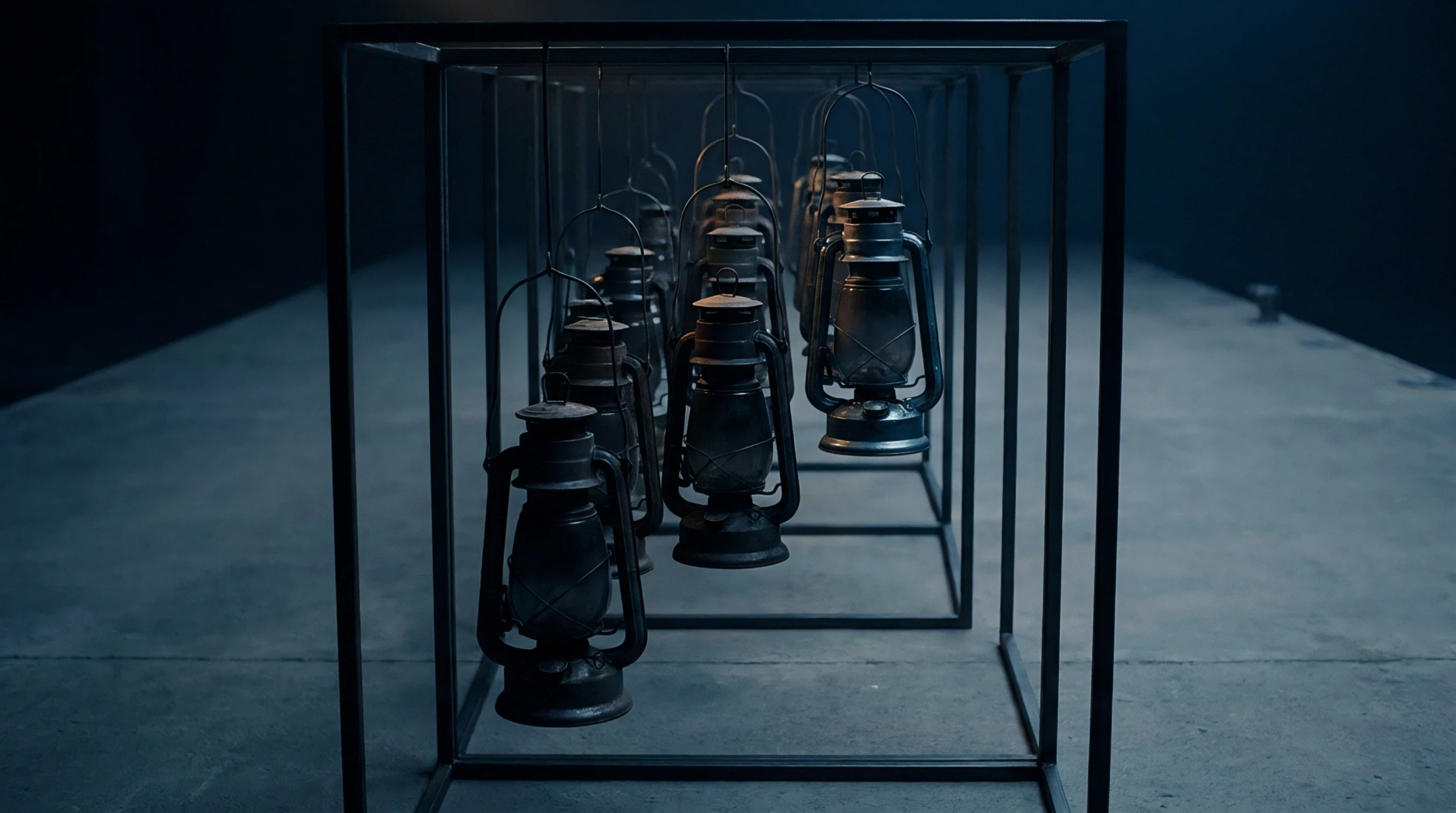 Multiple metal lanterns hang in rows within a dark steel frame suspended above a concrete floor in a low light industrial space.