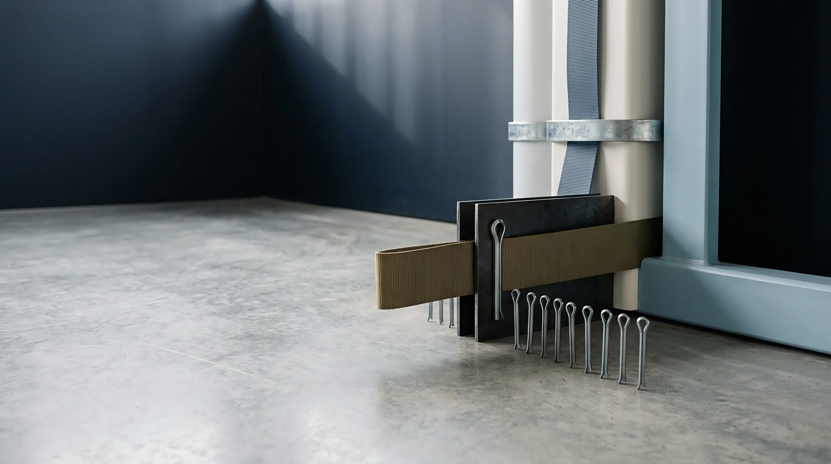 A digital render shows metal brackets securing nylon straps and industrial pipes next to aligned steel cotter pins on a concrete floor.