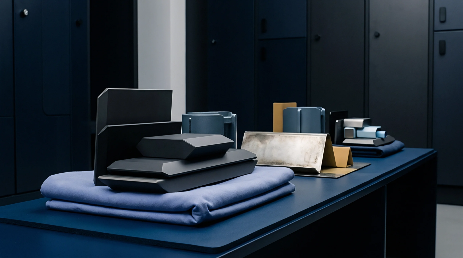A render shows geometric metal prototypes and folded fabrics organized on a blue workbench in an industrial locker room facility.