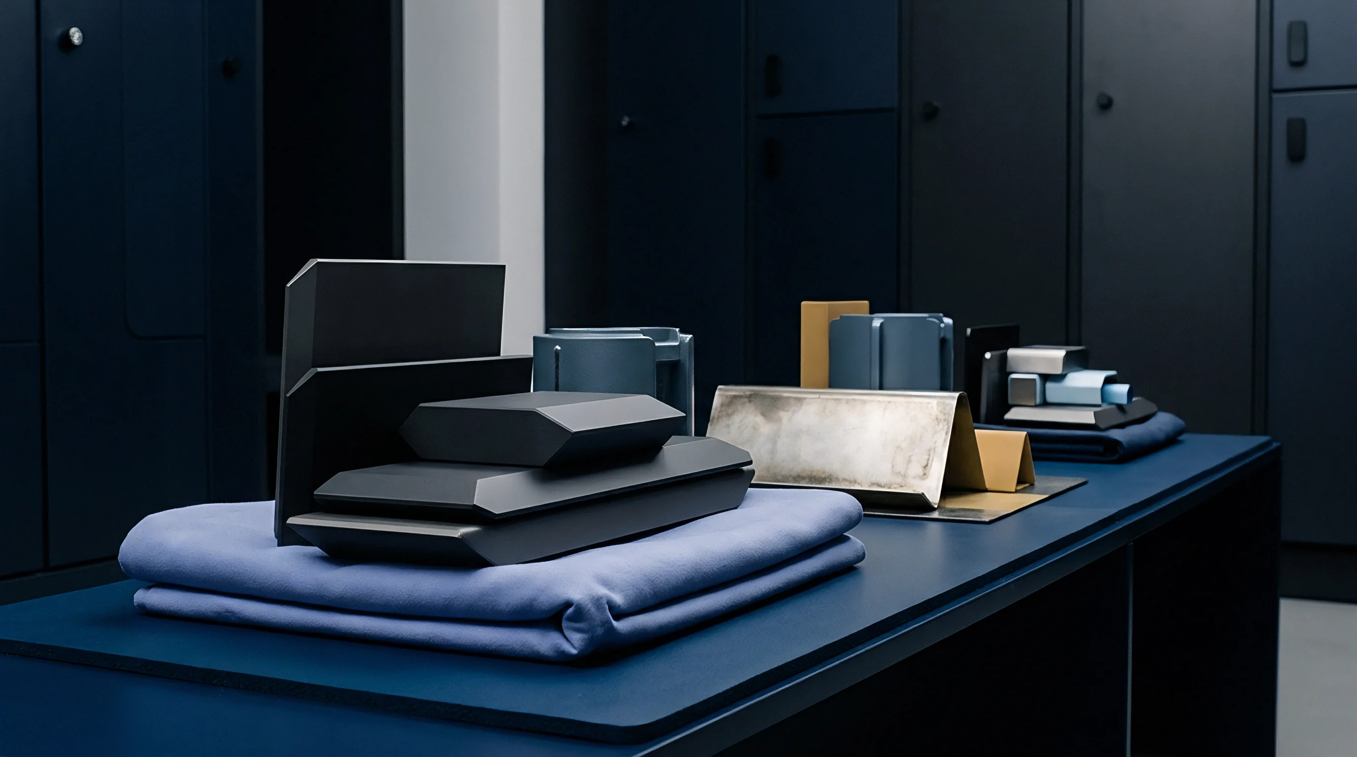 A render shows geometric metal prototypes and folded fabrics organized on a blue workbench in an industrial locker room facility.