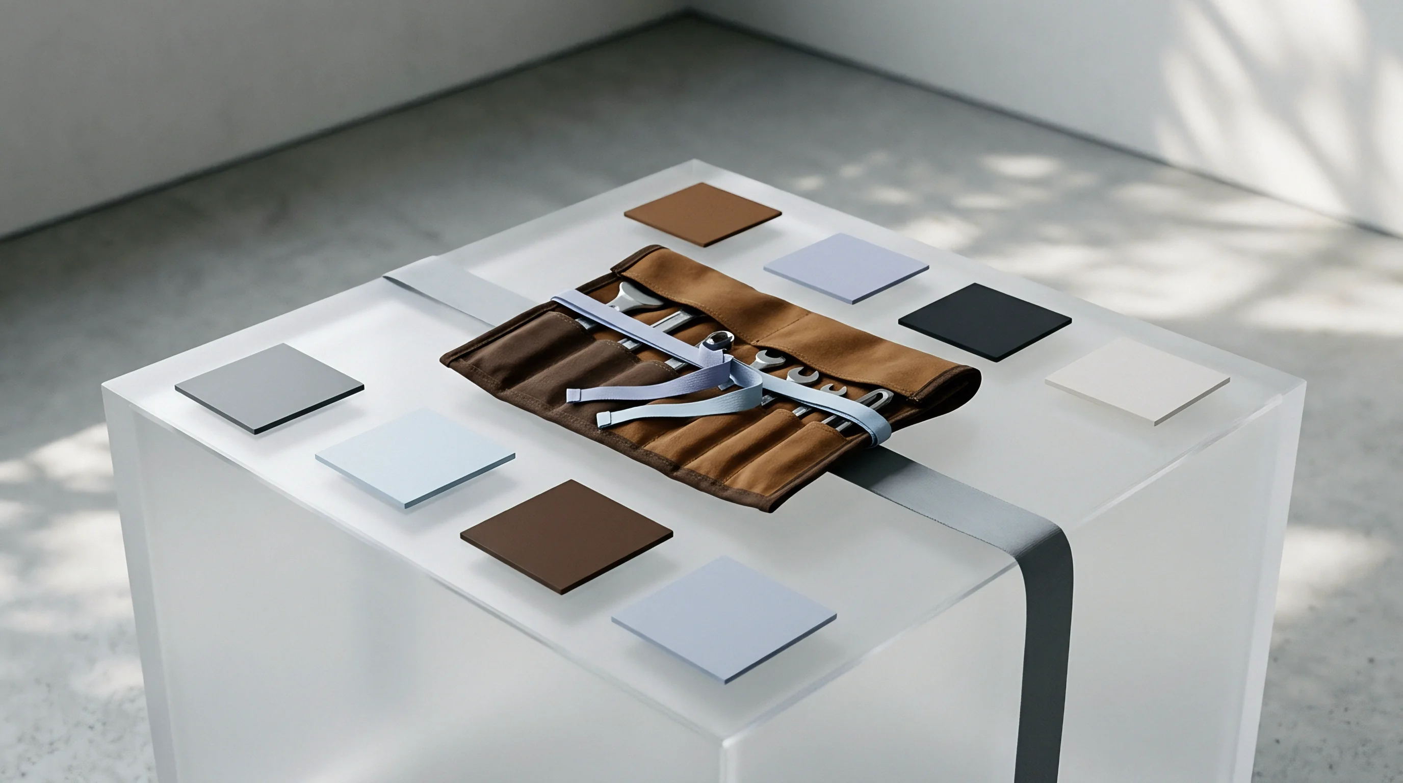 A render displays an open fabric tool pouch containing precision wrenches alongside sorted material chips atop a translucent manufacturing platform.