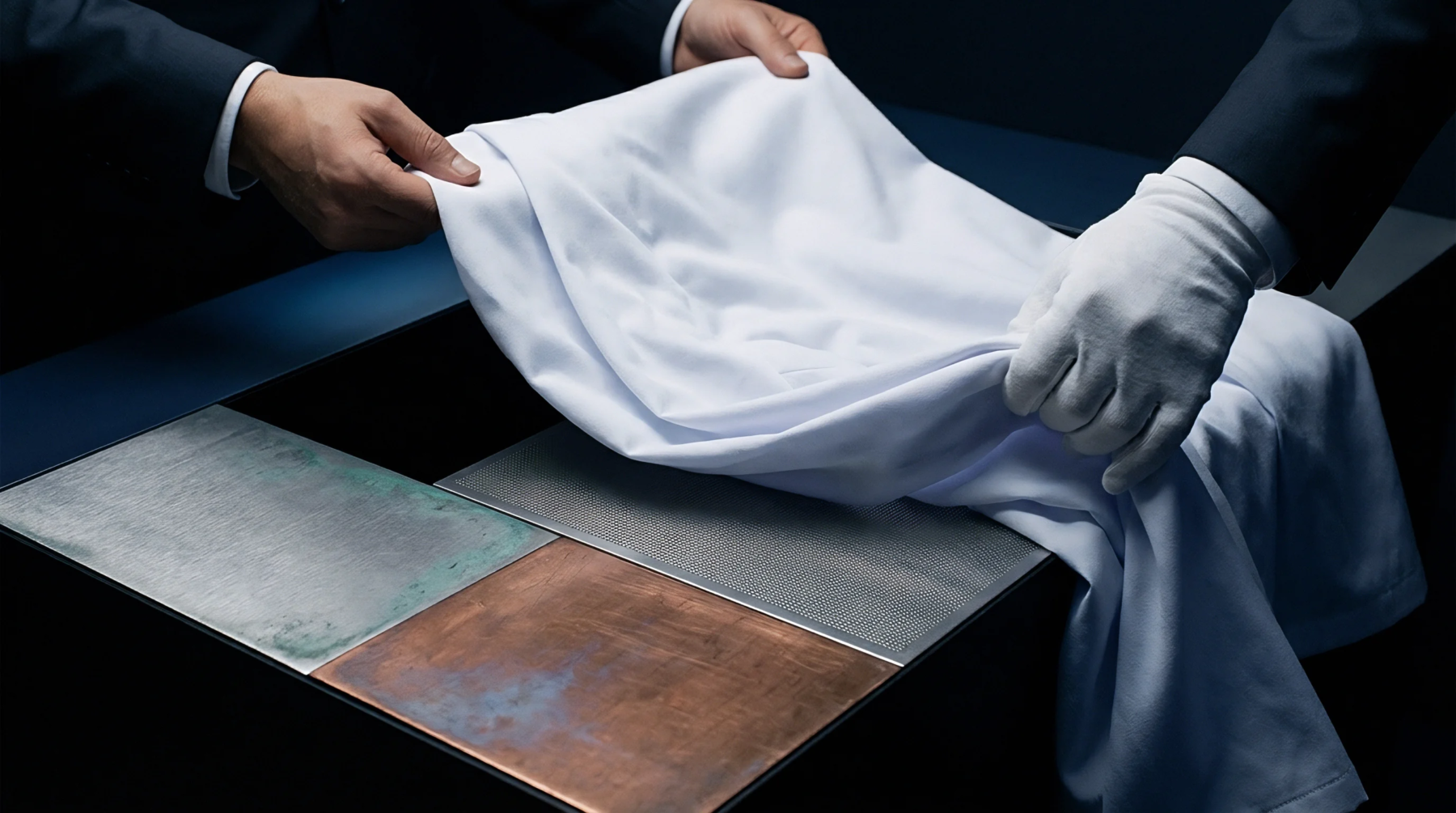 Two people in business suits hold a white garment over a modular tabletop displaying various metallic finish plates.