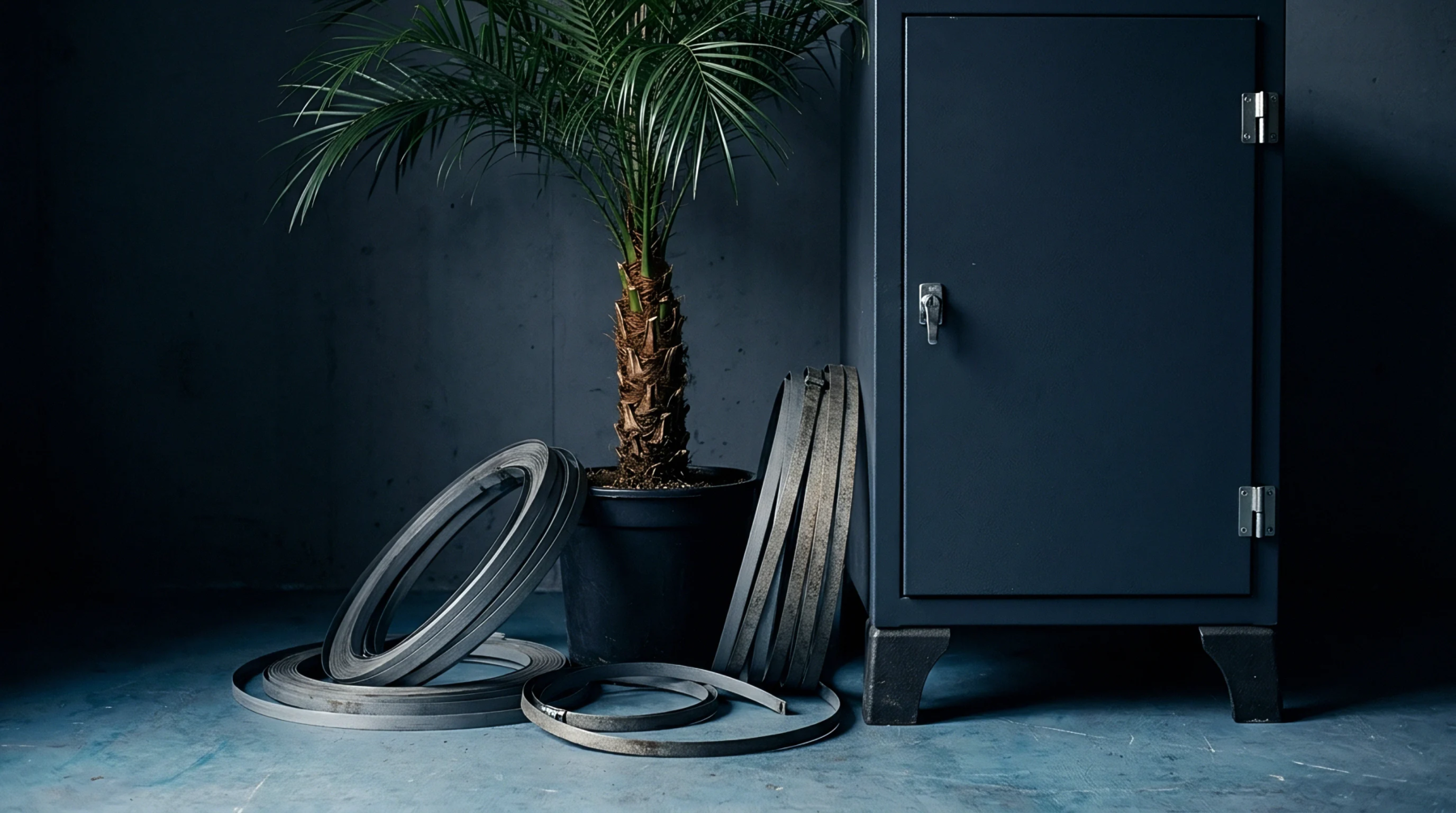 Steel strapping supplies sit in tiered rings on a concrete floor next to a potted plant and a metal storage cabinet.